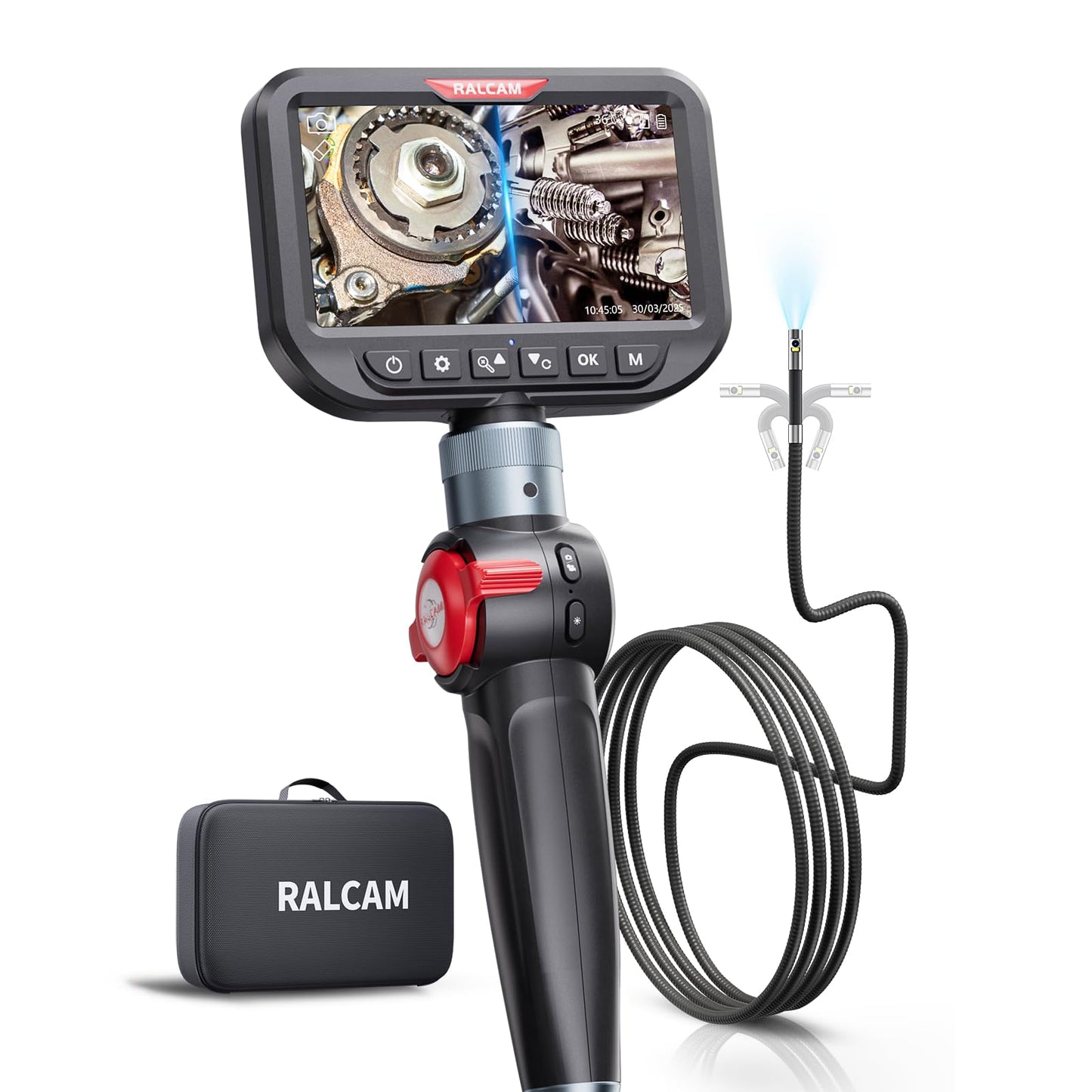 Ralcam Dual Lens Articulating Borescope, 6.5mm Slim Probe, 5" Endoscope Camera with Light, 5FT Semi-Rigid Cable, Two-Way Articulated Inspection Camera for Automotive Wall Pipe