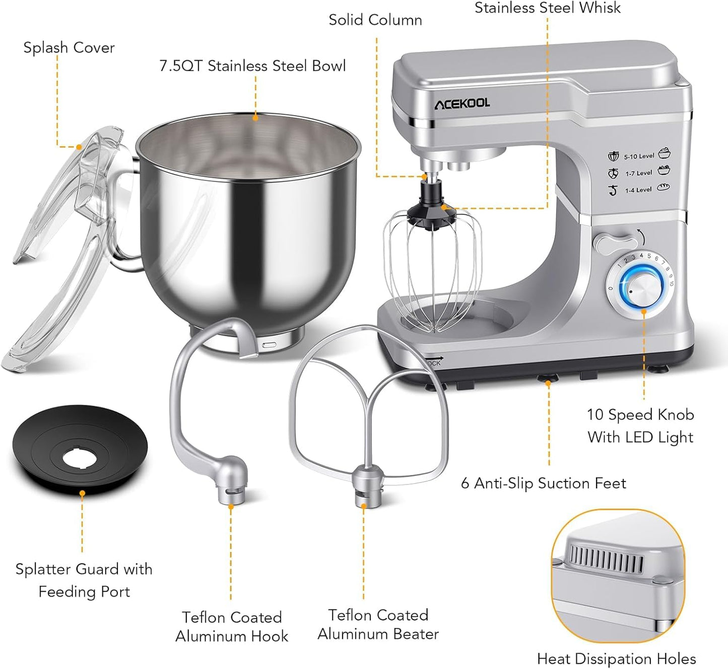 GarveeHome 7.5QT Stand Mixer, 10-Speed Tilt-Head Electric Food Mixer with Stainless Steel Bowl, 660W Motor, Dough Hook, Whisk & Beater, Compact Design for Home Baking,Silver