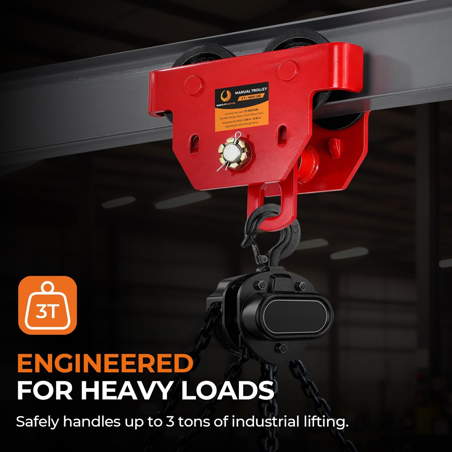 BEAMNOVA I Beam Trolley 3 Ton Manual Adjustable for I-Beam Flange Width 3.66" to 8.46", Overhead Push Beam Trolley Heavy Duty Dual Side Wheels, for Garage Hoist for Straight Curved I Beam