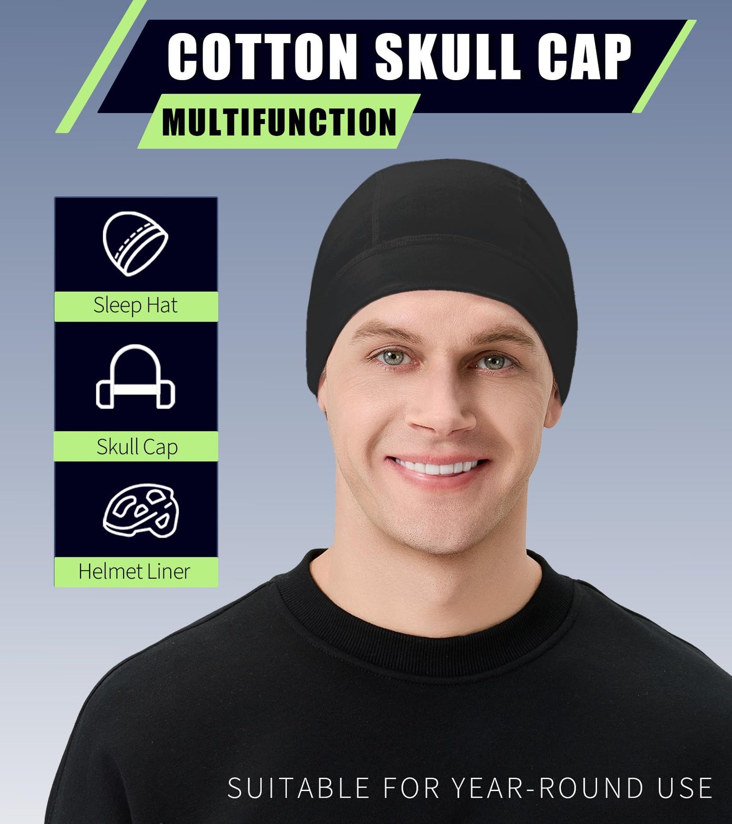 Hovyjumz 2 Pieces Cotton Skull Caps for Men Women Helmet Liner Breathable Sleep Hat Chemo Headwear Running Cap