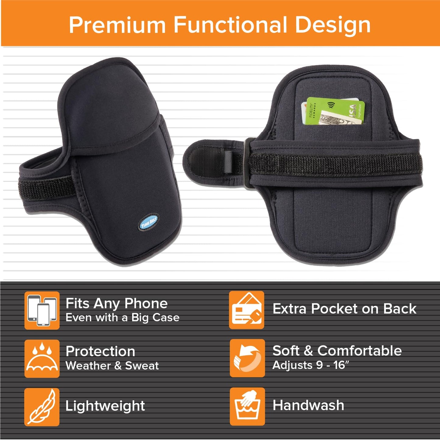 Tune Belt AB93 Running Armband: Easy-Access (Slide Phone in/Out); Universal No-Bounce Fit for iPhone Pro Max & Galaxy Ultra; Soft, Stretchy, Water-Resistant with Key/Card Pocket for Workouts & Sports