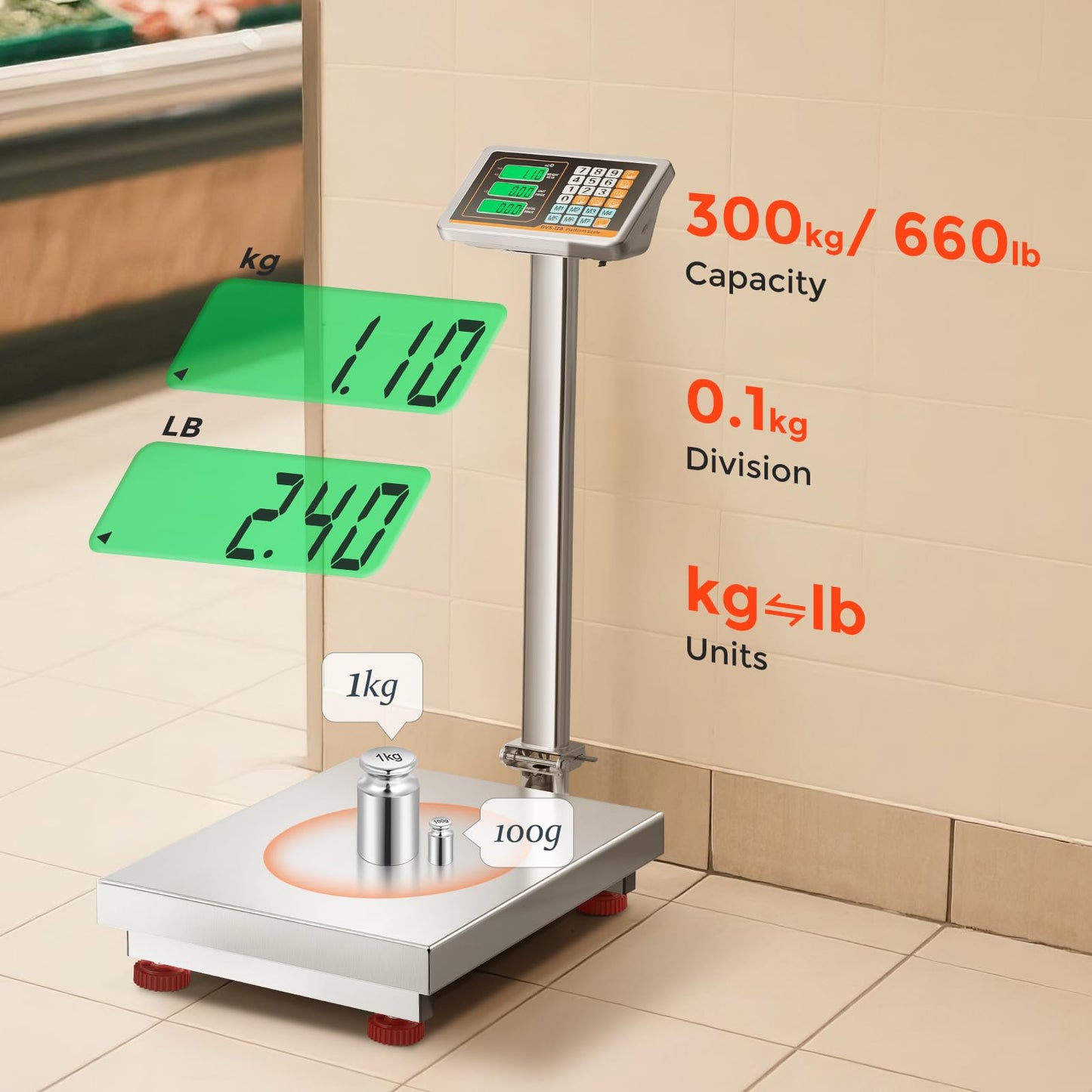 Bonvoisin Digital Platform Scale with Stainless Steel Platform 660LBs Heavy Duty Warehouse Floor Scale for Weighing Packages, Luggage, Suitcases, Boxes (20.4” X 16.5“ Platform)