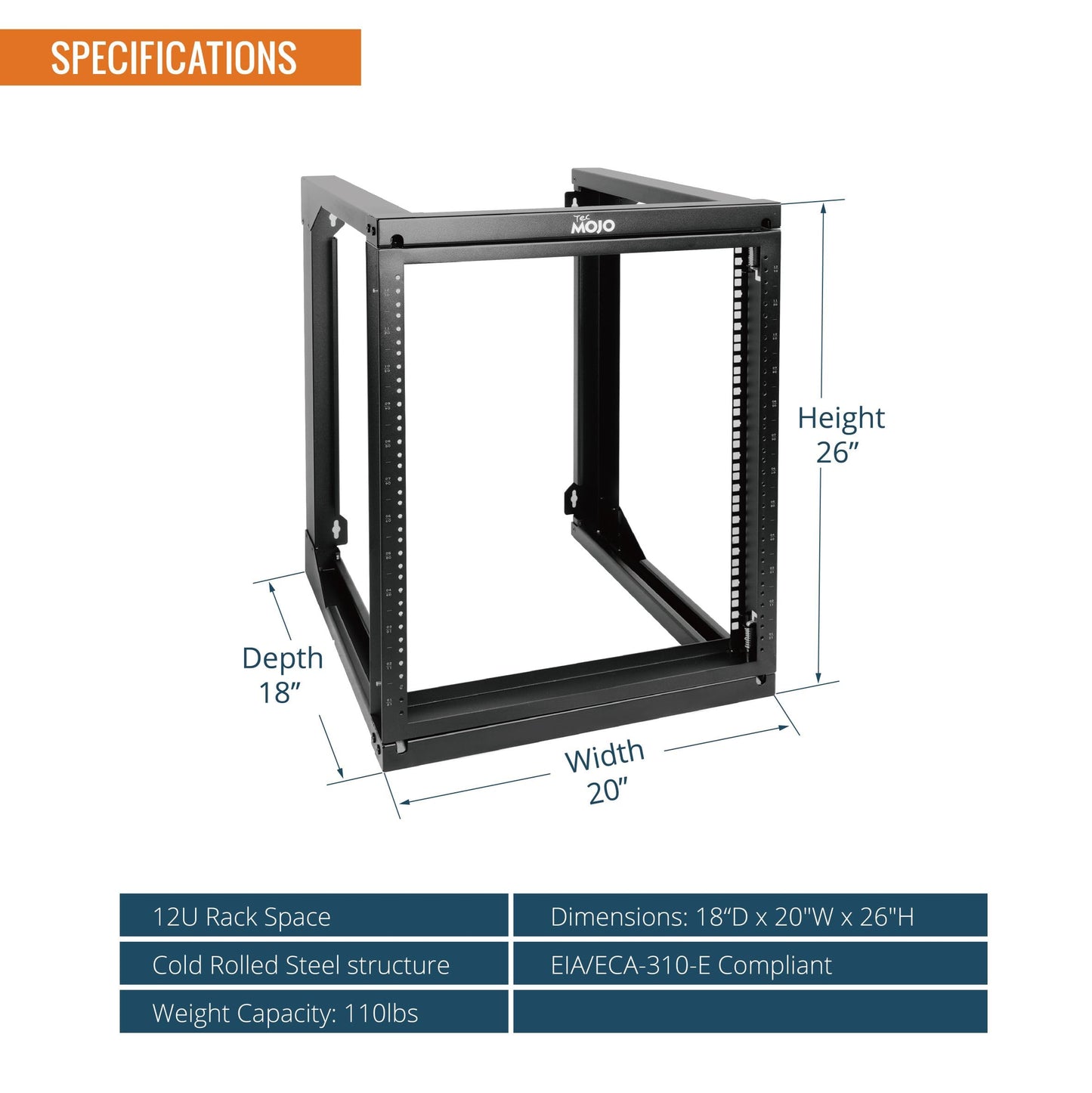 Tecmojo 12U Wall Mount Server Rack, Open Frame Network Rack for 19" Computer/AV/Data/IT/Media Equipment, 18" Depth, 16" Apart Mounting Holes, Swing Gate, Square and Tapped Holes