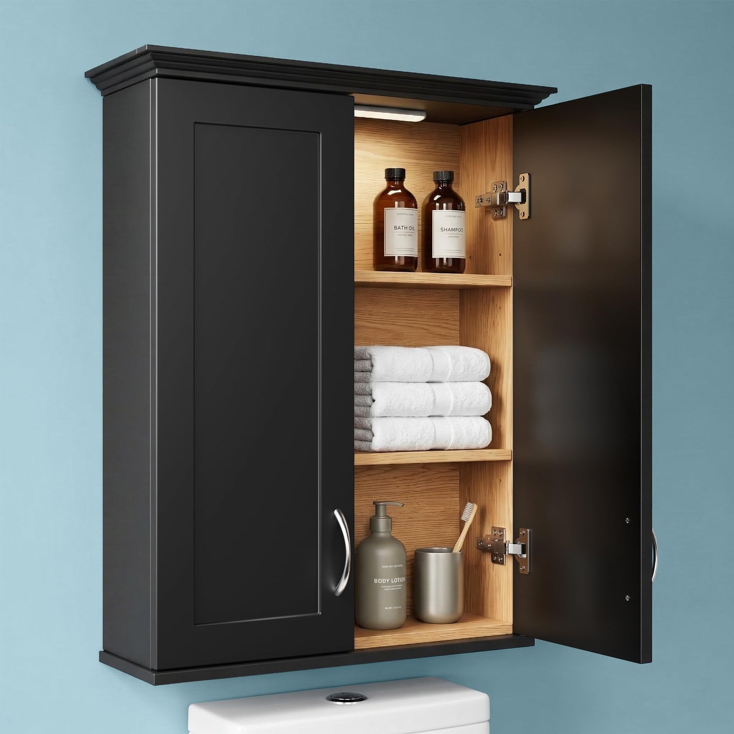 VANIRROR 23x30 Wall Mounted Bathroom Cabinet with Motion Sensor Light, Over The Toilet Medicine Cabinet Storage, 2-Door Black Wood Kitchen Cupboard with Adjustable Shelves & Soft Close Hinges
