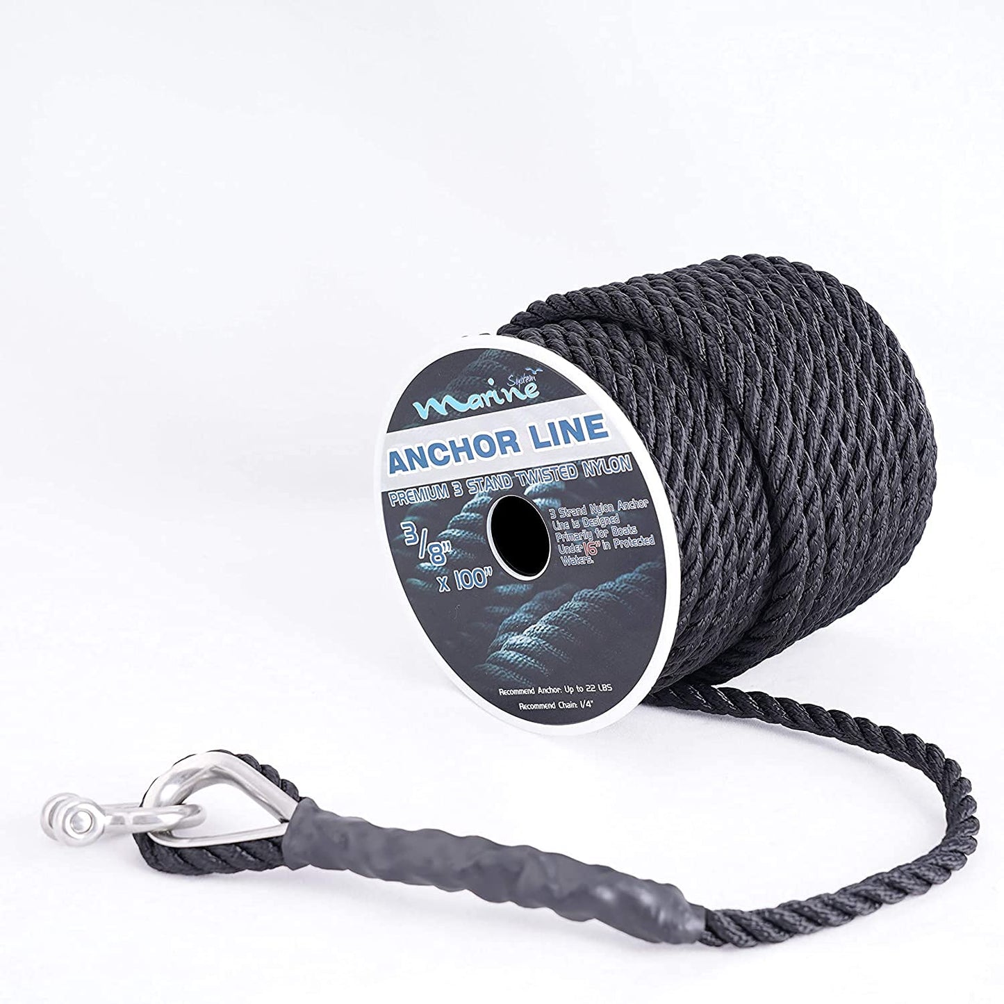 Marine System Made Nylon 3 Strand Anchor/Rigging Line Anchor Rope 3/8 Inch 100FT 150FT Black (3/8" x 100')