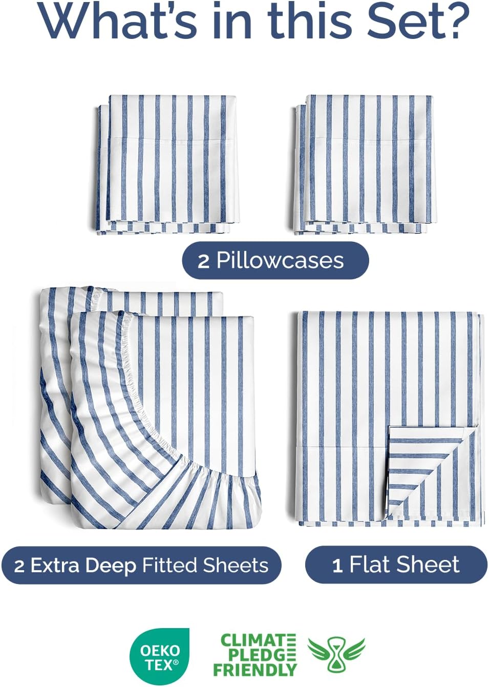 Skiennix Extra Deep Split King Sheet Set - 7 Piece Breathable Cooling Bedding - Soft Wrinkle-Free Blue Stripes