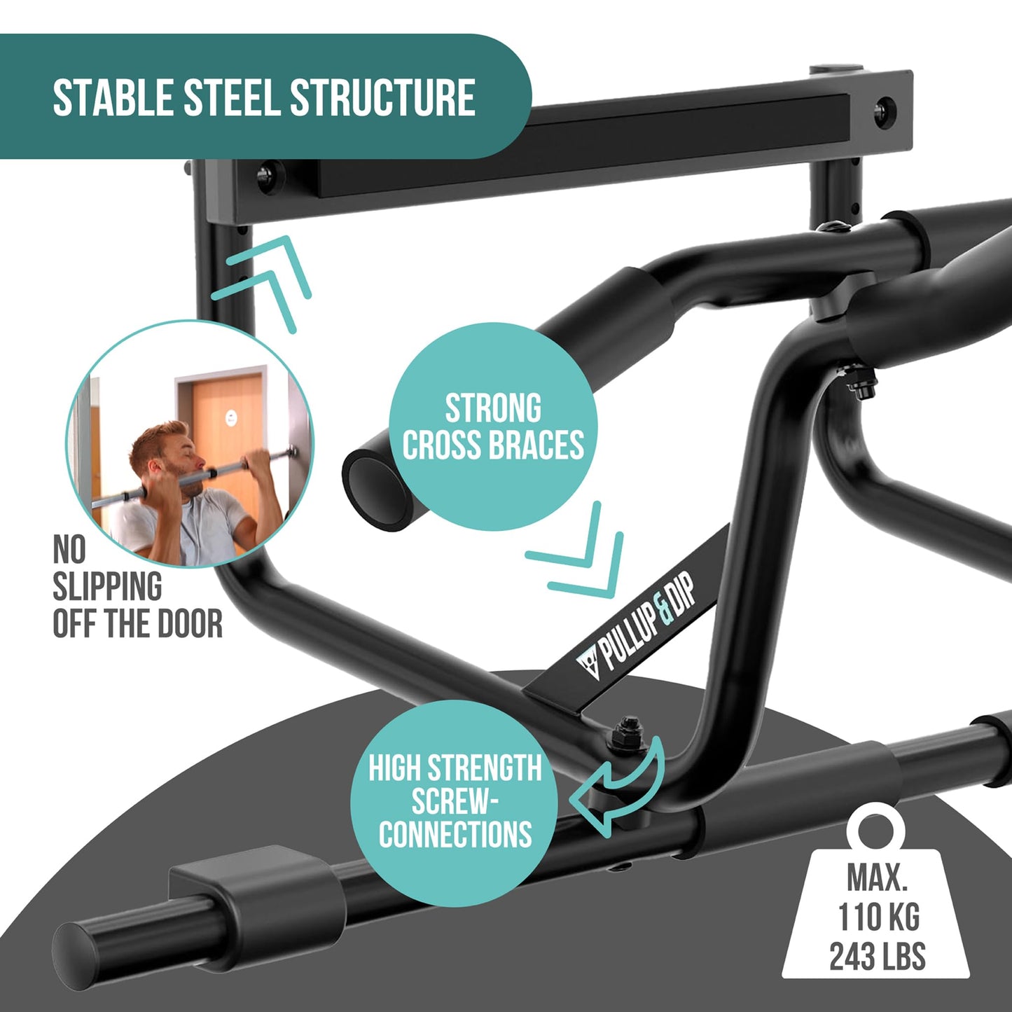 PULLUP & DIP Doorway Pull-Up Bar Without Screwing And No Slipping, Professional Door Frame Chin-Up Bar With Pull-Up Band, Padded Handles + eBook, Up To 240 lbs