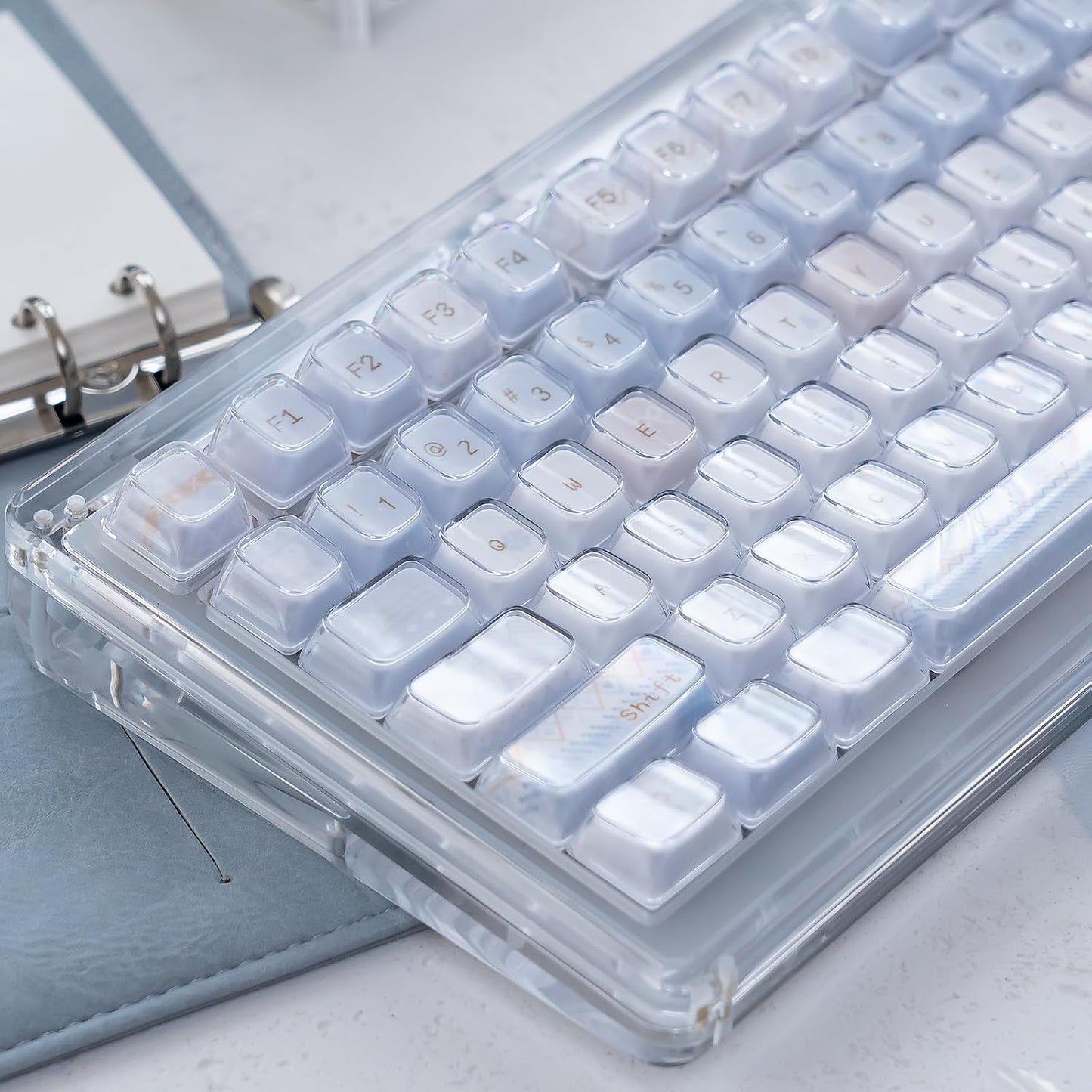 SUEHIODHY 123 Set, 61/68/84/87/98/100 Crystal Jelly Keycaps, Blue White Translucent Keycaps, Keys Custom KDA Profile