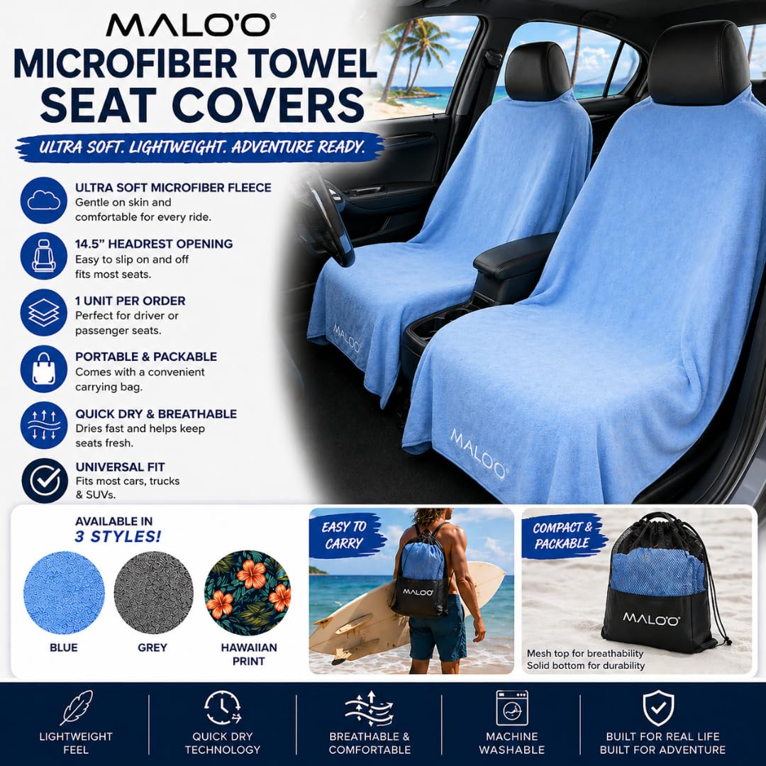 Malo’o SeatGuard Seat Cover – Microfiber Towel or Premium Terry Cloth w/Nylon Backing – Universal Car Seat Protector for Beach, Gym, Surf, Pets & Travel – Quick Dry, Machine Washable