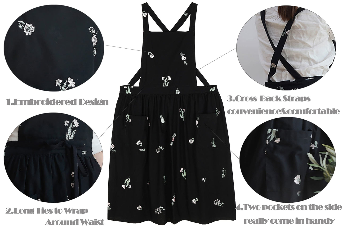 losofar Embroidered Cotton Pleated Apron Retro Waterdrop Proof Garden Cleaning Pinafore Dress (Floral Black, 103cmx86cm)