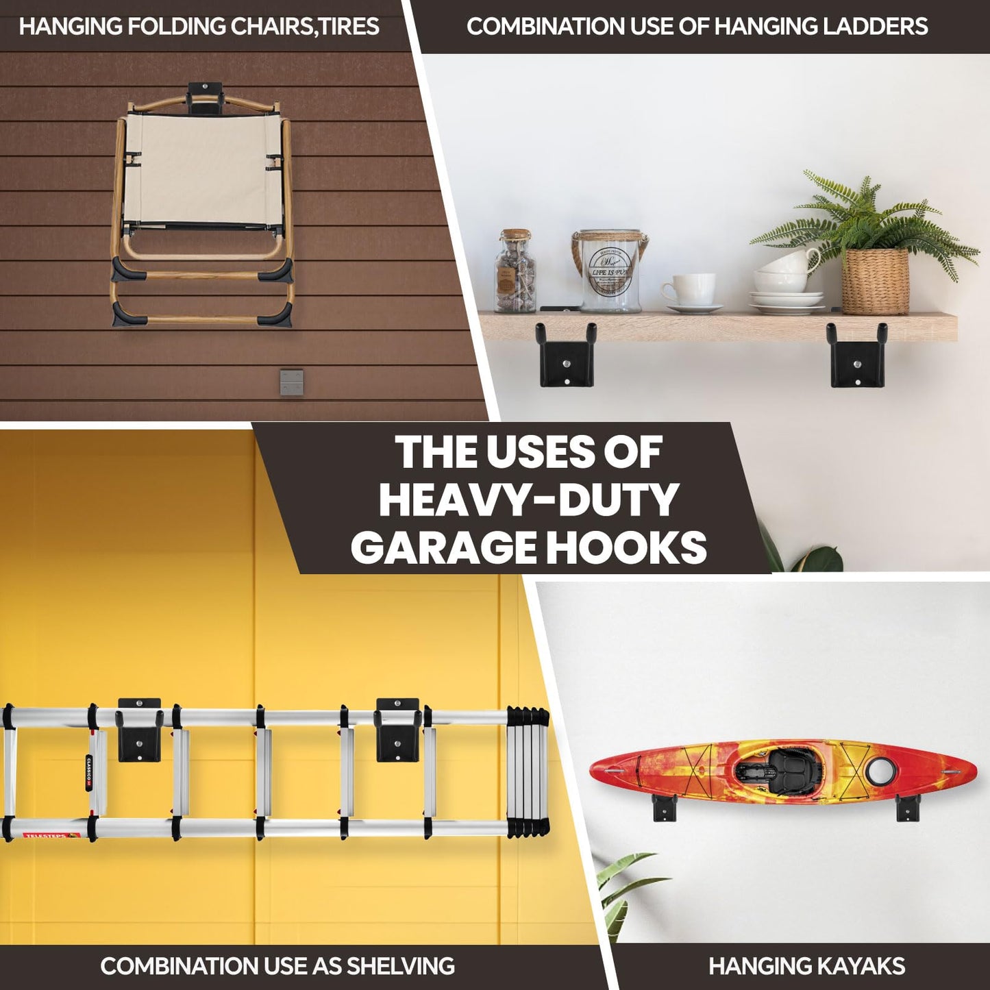 FancyEagle 14" Large Heavy Duty Garage Hooks, 4-Pack Steel Garage Storage Hooks with Support Rods, Utility Wall Mount Hangers for Power Tools, Car Tires, Ladders, Chairs, Garden Tools and More