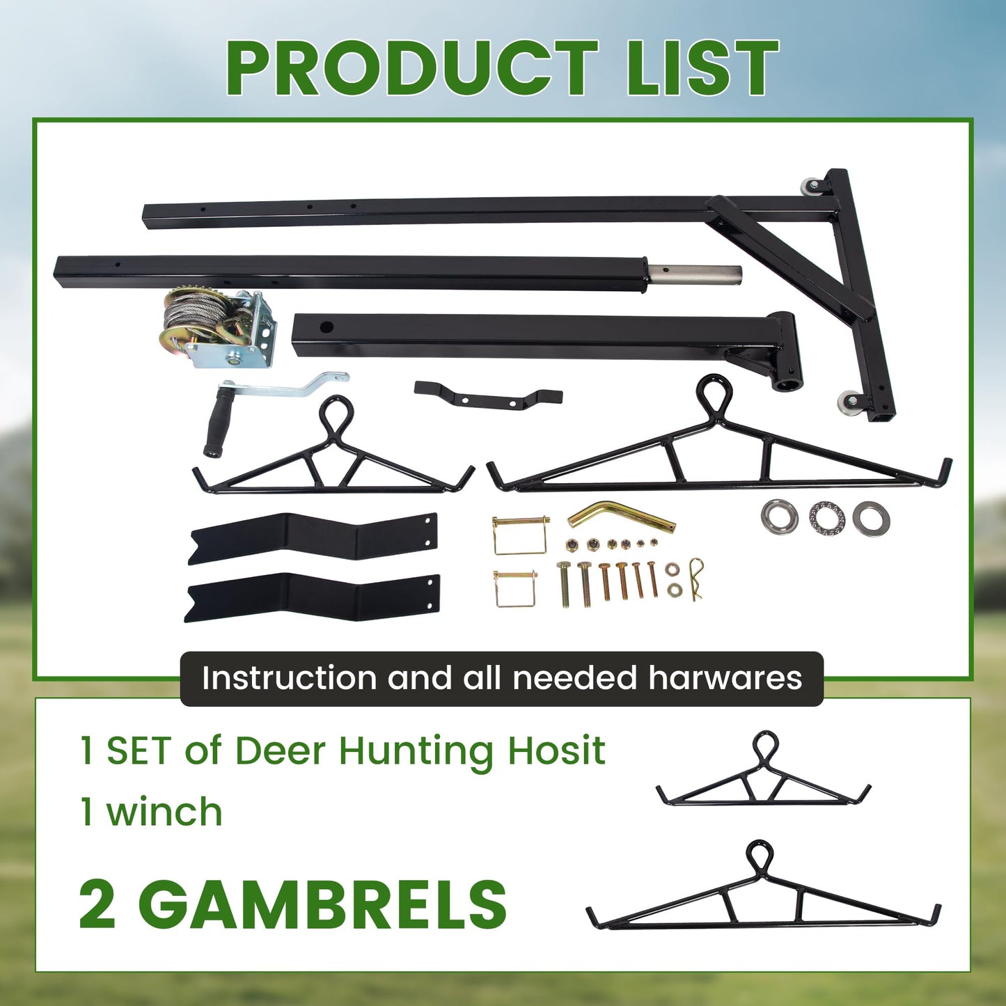 ECOTRIC Truck 2" Hitch Game Hunting Hoist, 600LB Big Game Hunting Deer Hoist, Include Gambrels Winch for Skinning or Cleaning Game, Winch Lift Gambrel Set 360 Degree Swivel Hitch Mounted