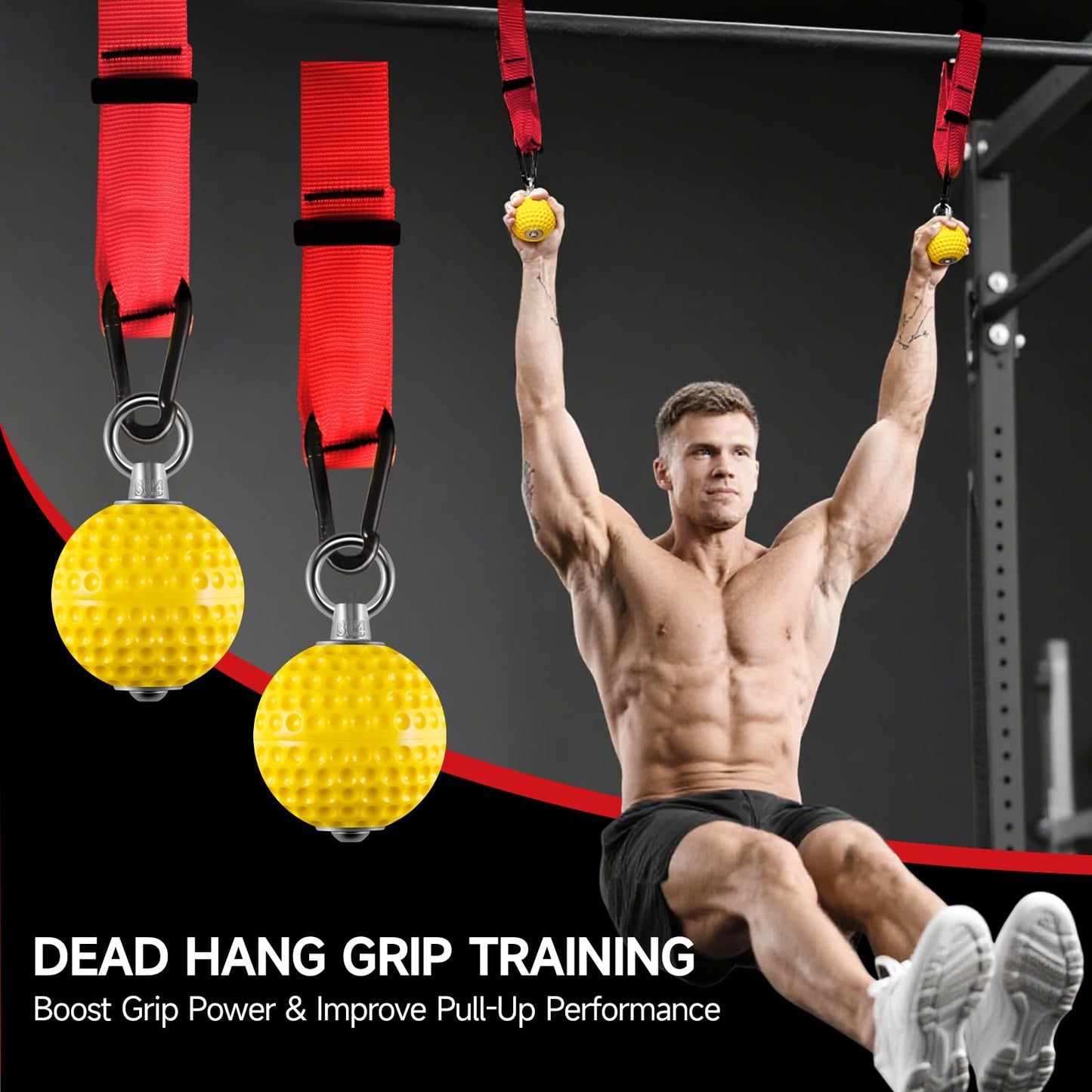 FitBeast Pull Up Ball Grips & Finger Straps Set – Grip Balls for Dead Hangs, Pull Ups, Climbing & Home Gym Training (Red)