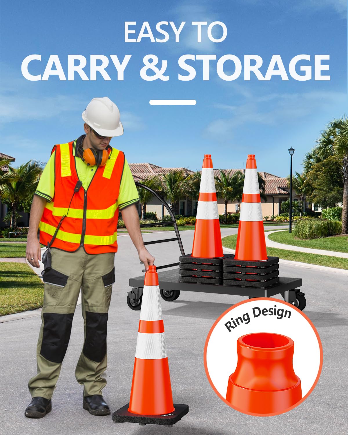 (8 Pack) BATTIFE Traffic Cones 28 Inch with Black Weighted Base, PVC Orange Cone for Traffic Control, Construction Events, Driveway Road Parking Lot