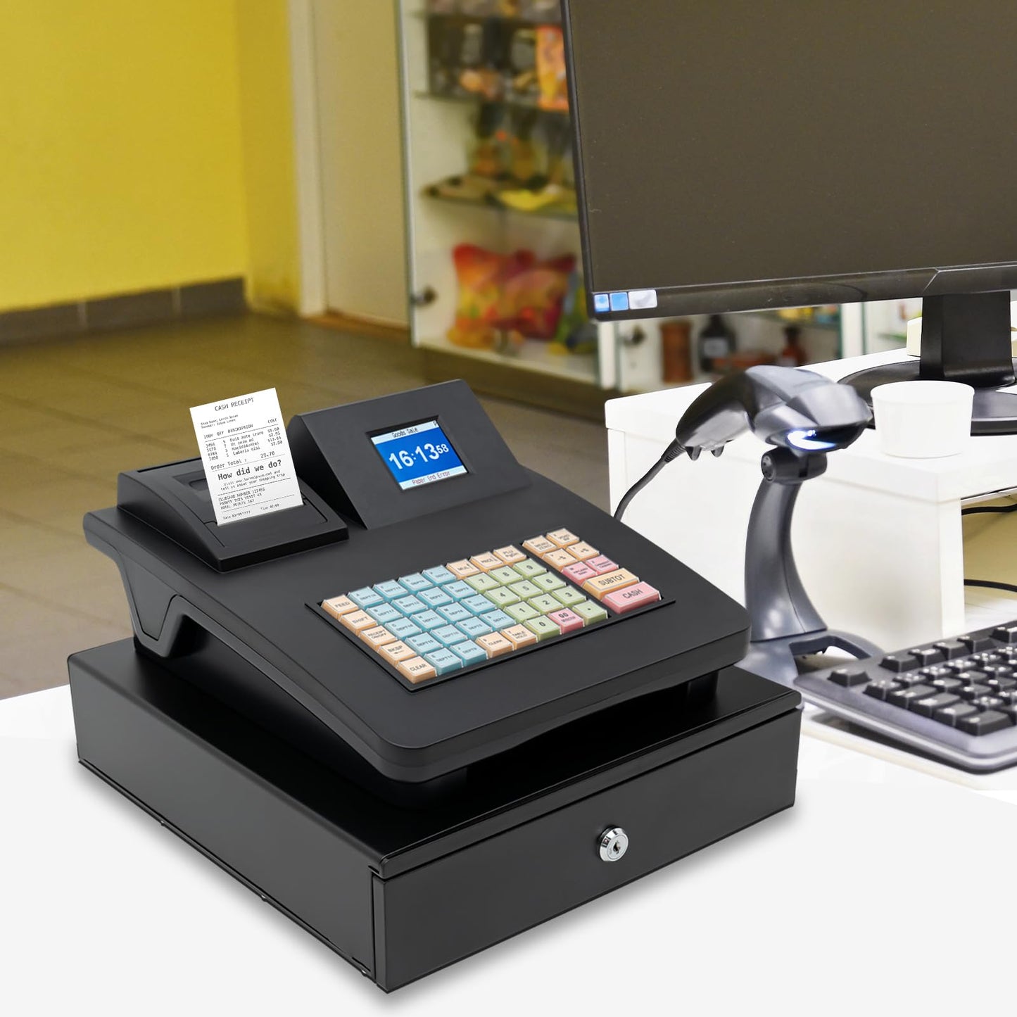 Cash Register for Small Businesses & Restaurant, Electonric caja registradora w/Cash Drawer, 200Dept/1000Items/200Tables/30Tastes/50Clerks/15Reports,Supports Scanner Scale Printer(Black)