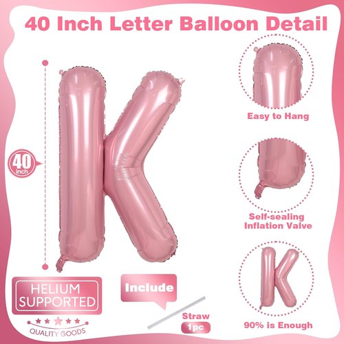 40" Pastel Pink Letter K Balloon - Large Foil Helium Balloon for Birthday, Graduation & Party Decor