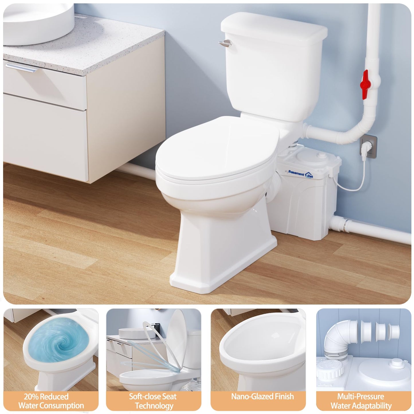 Macerating Toilet Upflush System for Basement Bathroom, Complete Macerating Toilet Kit with 4 Inlets, Toilet Bowl, Water Tank, Soft Close Seat & Extension Pipe, for Sink Shower Kitchen