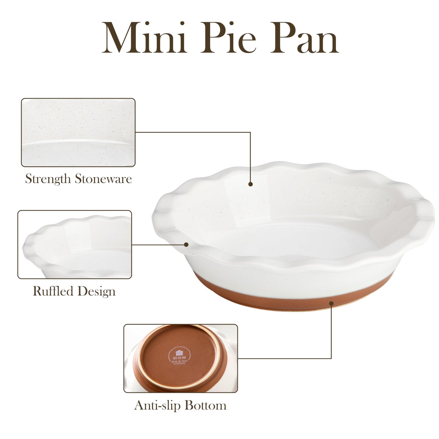 MALACASA Ceramic Mini Pie Pans Set of 6, 6 Inch Pie Plates for Baking with Ruffled Edge, Small Quiche Baking Dish Pans Tart Pans, Individual Pot Pie Plates, Microwave & Oven Safe, Khaki White