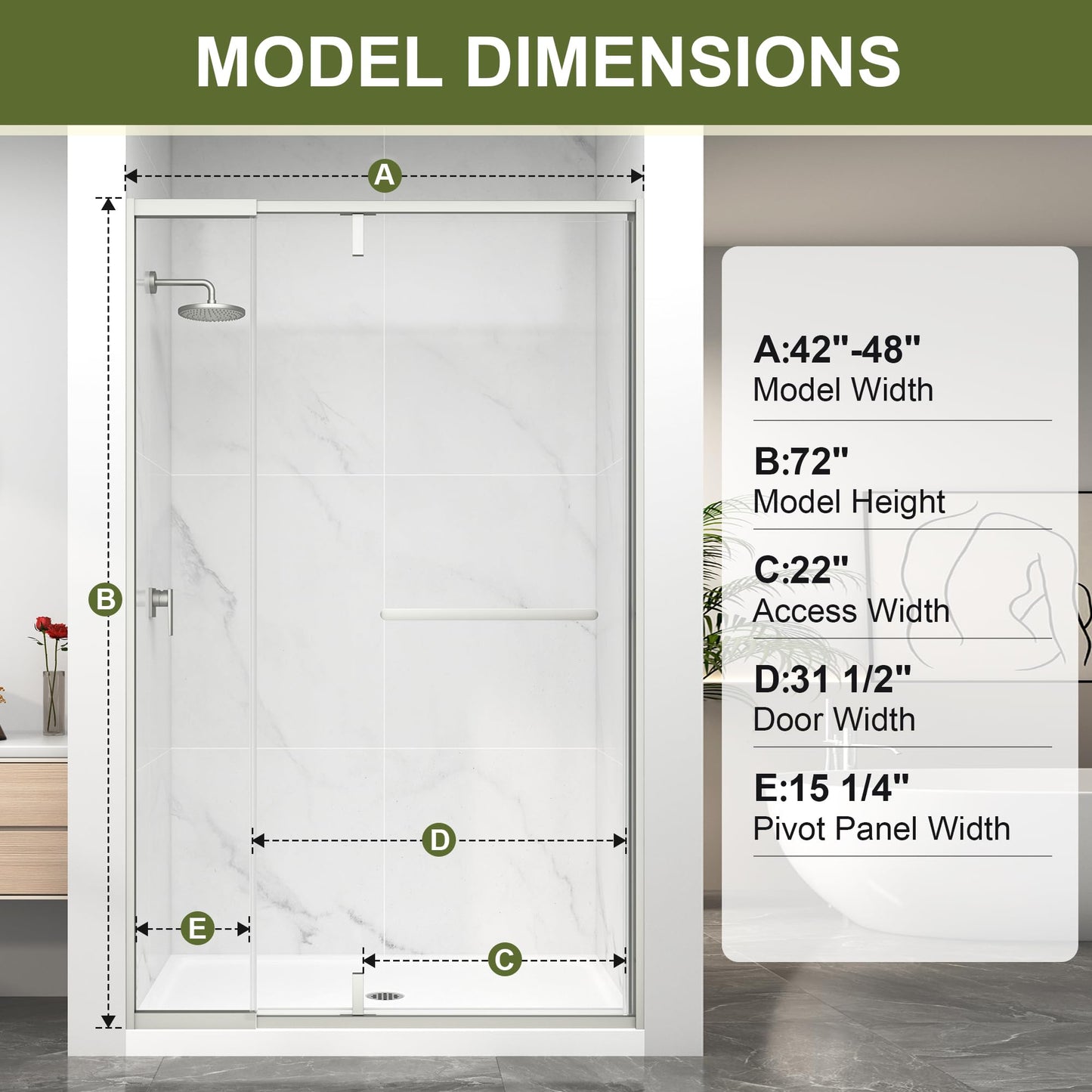 KPUY Pivot Shower Door, 42-48" W x 72" H Semi-Frameless Swing Glass Shower Door with Explosion-Proof Film Nano Coating, 1/4" (6mm) Thick Tempered Clear Glass, Brushed Nickel