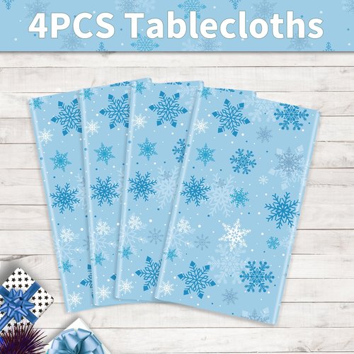 FVEOCR 4PCS Christmas Tablecloth Blue Snowflake Xmas Party Table Cover Snowflake Tablecloths Christmas Table Decorations Winter Holiday Party Supply 51X86IN