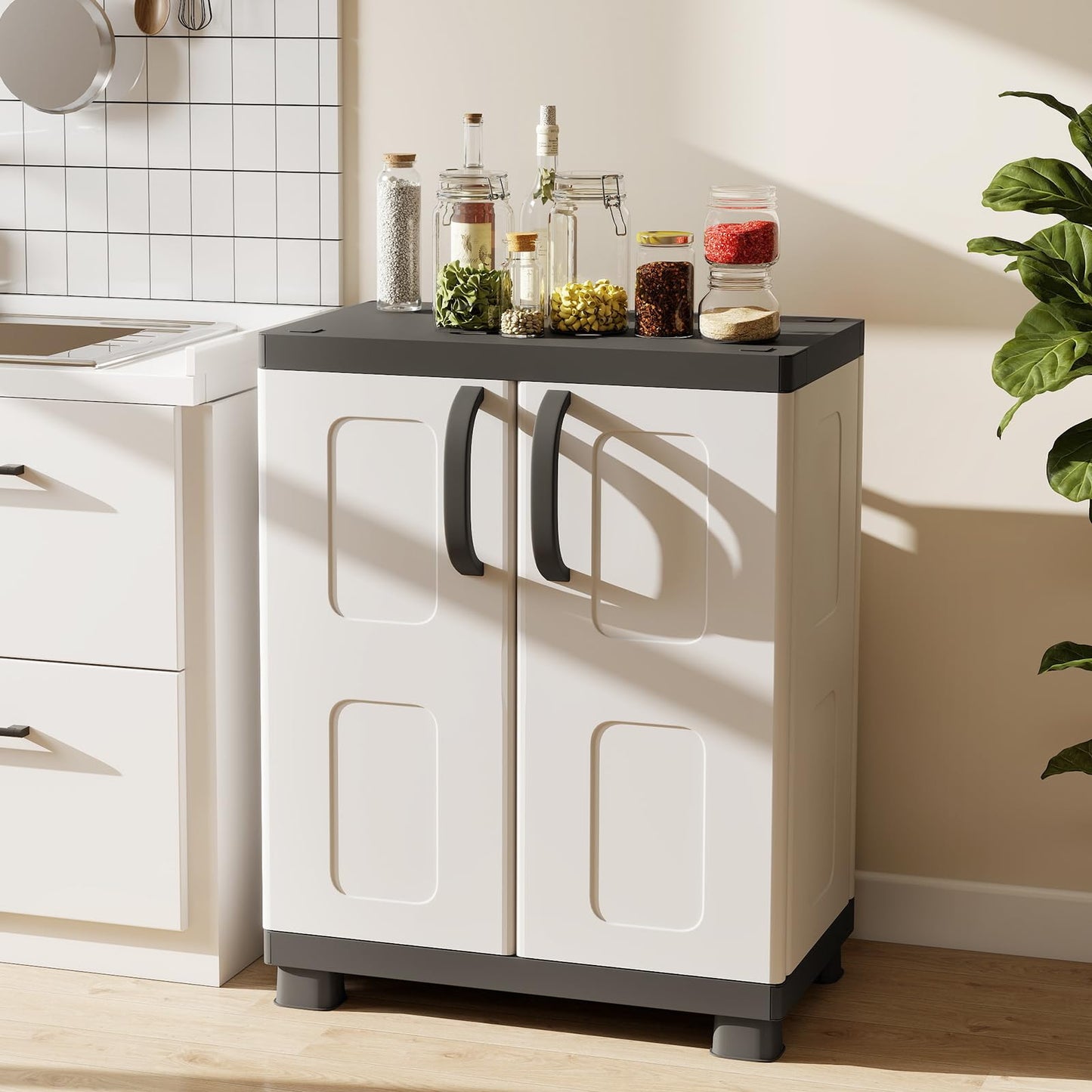 Giantex Storage Cabinet with 2 Doors and Adjustable Shelves, Modern Plastic Base Garage Organizer, Floor Sideboard for Kitchen, Dining Room, Bathroom (Wide-29"x19"x37",White+Grey)