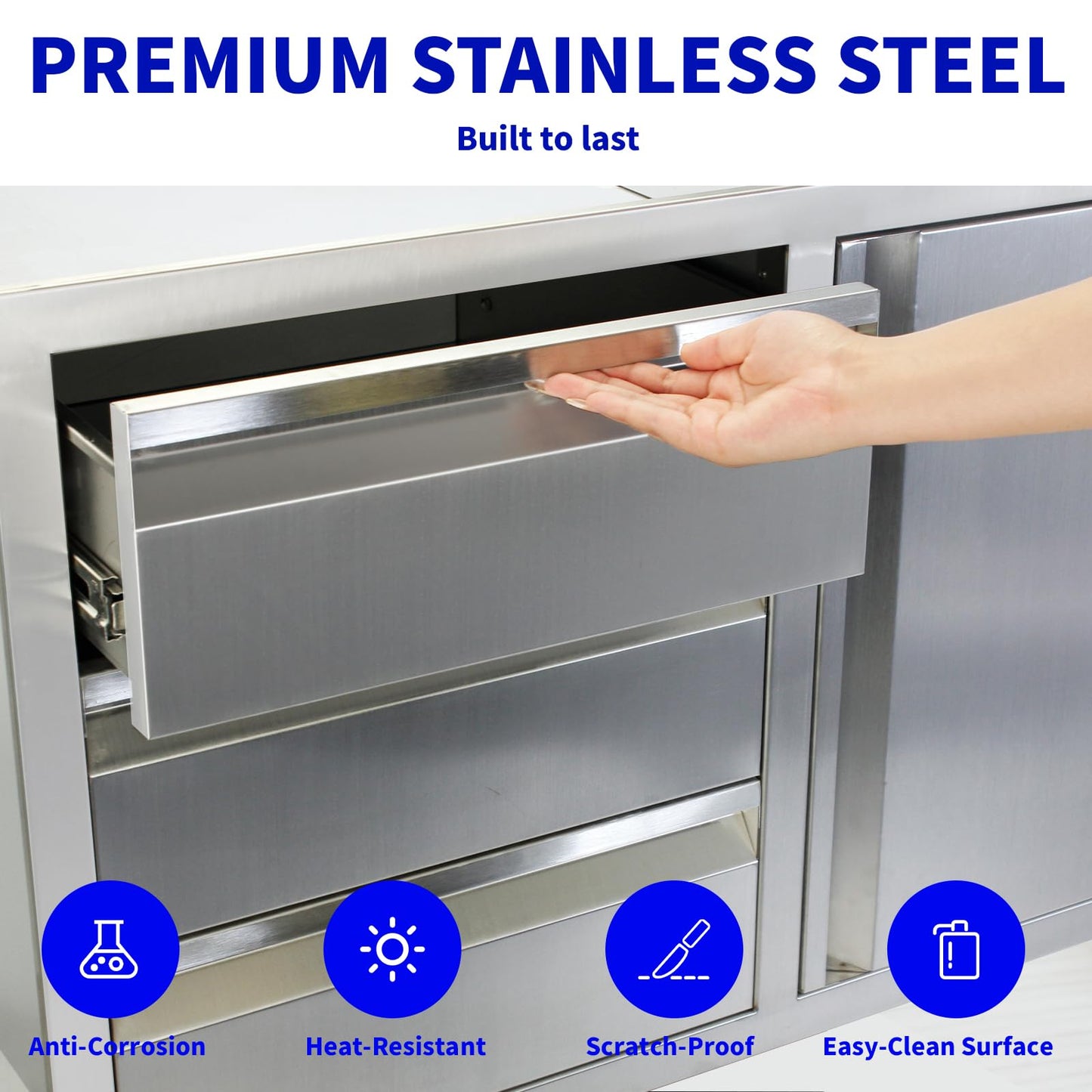 Outdoor Kitchen Door Drawer Combo Cabinet, Triple Drawers & BBQ Access Combo, Stainless Steel with Handles Cabinet for Outdoor Kitchen Island 38.1W x 22.6H x 20.8D (Right Door and Drawer Combo)