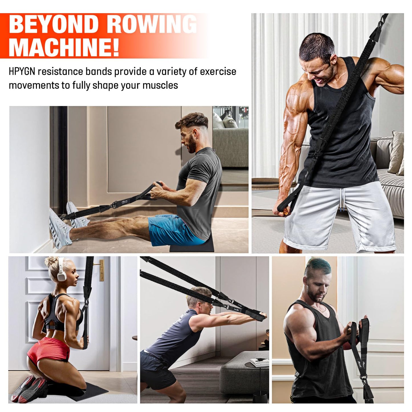 HPYGN Rowing Resistance Bands, Best Replacement for Rowing Machine, Home Gym Workout Equipment for Arms, Shoulders, Core, Back, Glutes and Legs, Rowing Workout, Cardio, Low-Impact, Portable Home Gym