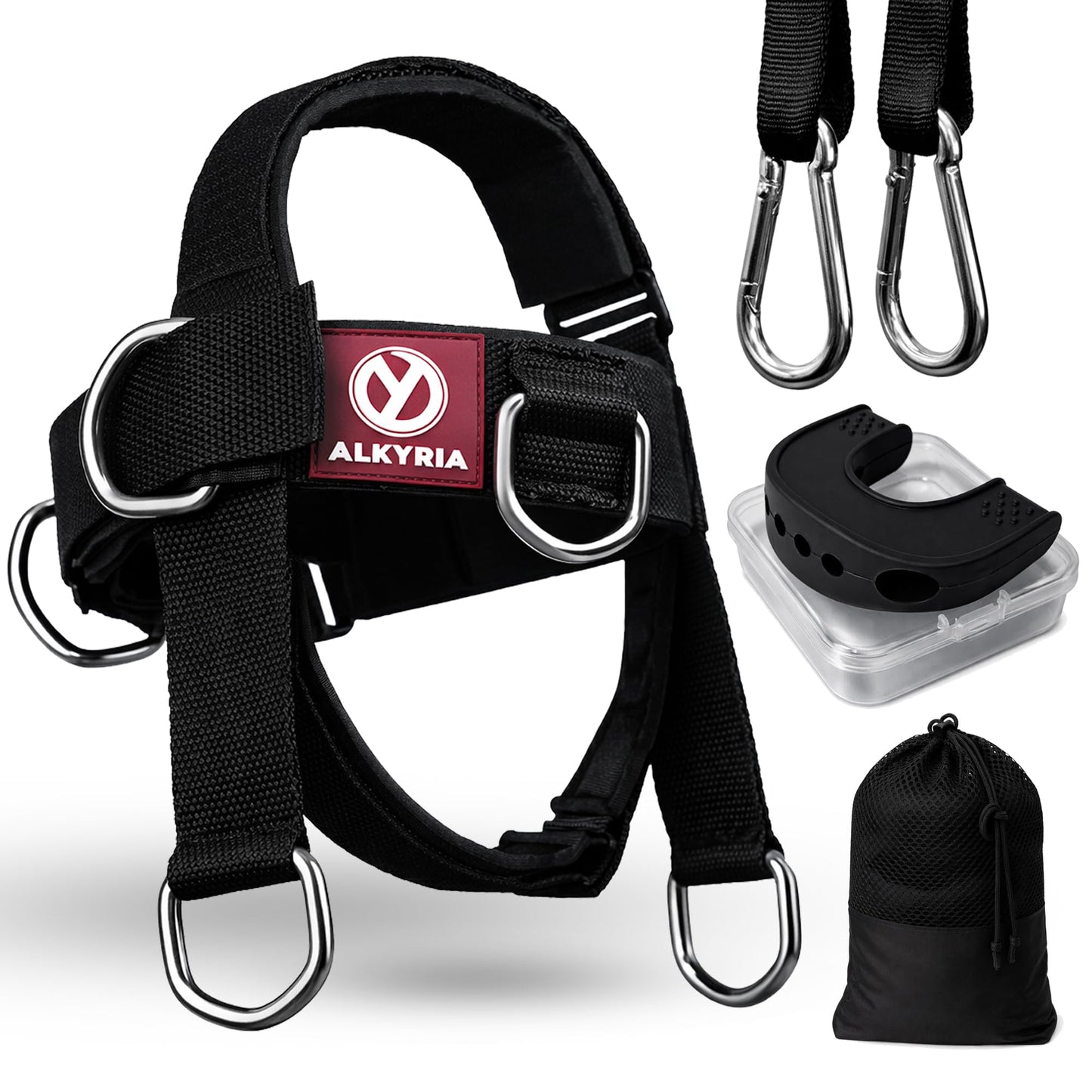 ALKYRIA Neck Harness Weight Lifting Trainer - Adjustable Neck Exerciser & Strengthener for Gym, Boxing, and Home Training - Padded Head Harness with Bonus Jaw Exerciser & Mesh Bag