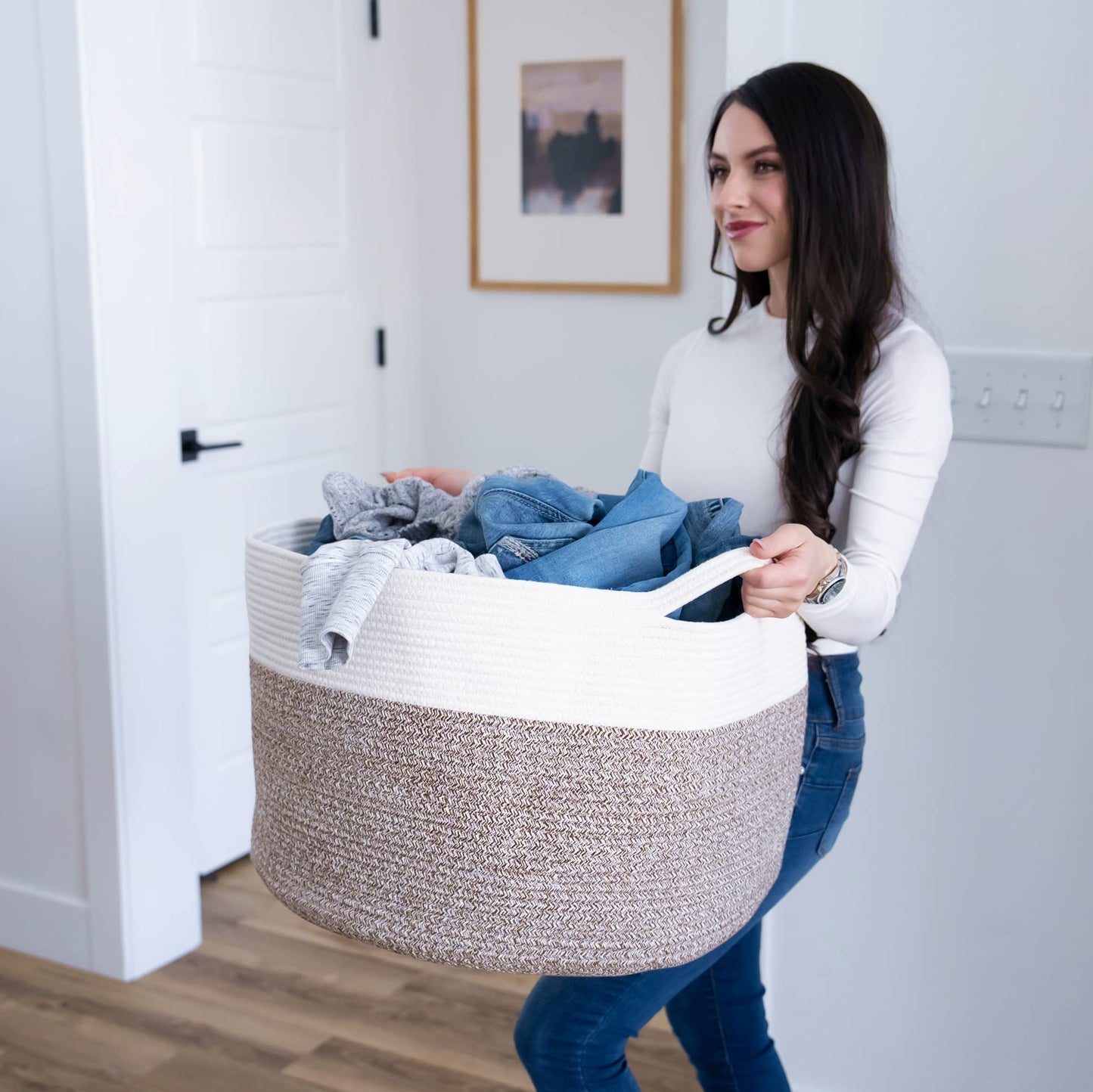 Little Hippo XXXL Cotton Rope Basket (22"x14") 100% Natural Cotton! Baby Gift, Large Blanket Storage for Living Room, Toy and Pillow Organizer (White & Brown)