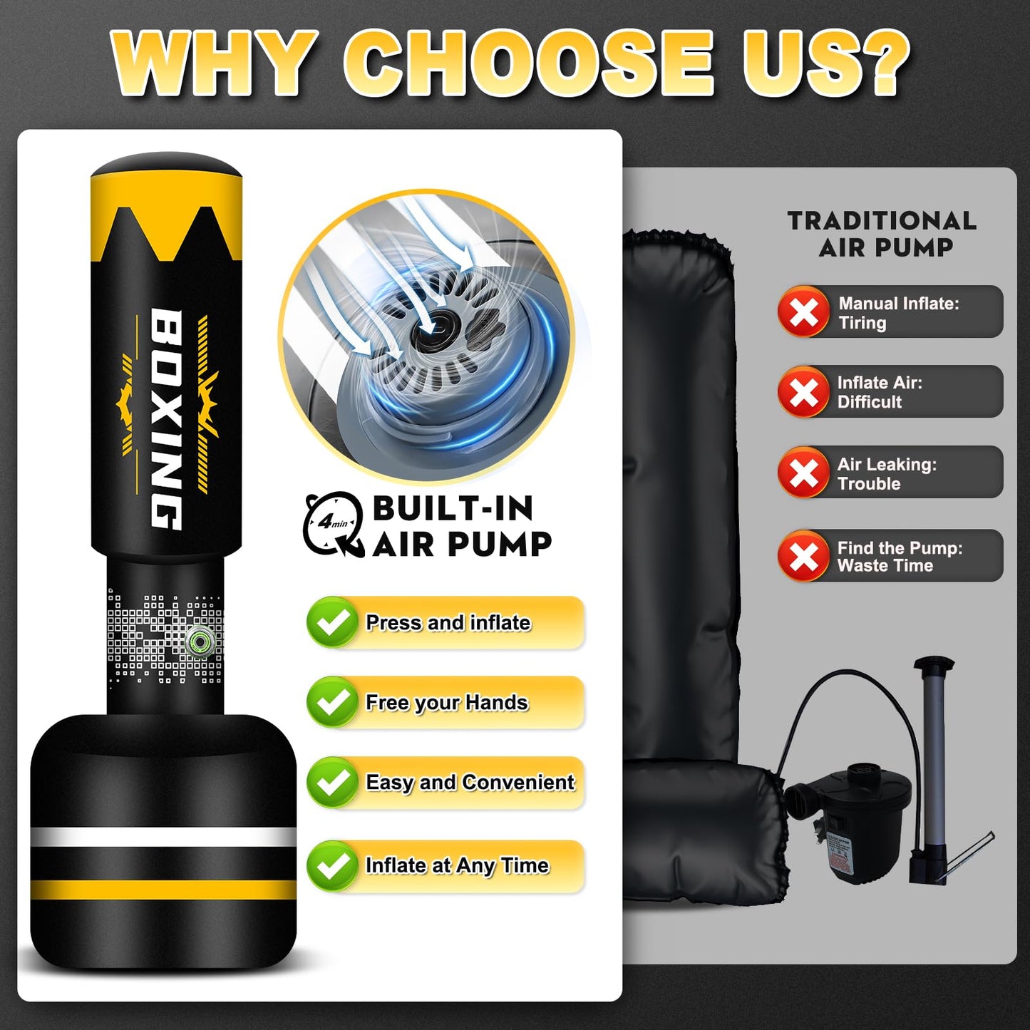 69'' Standing Punching Bag for Adults, Heavy Duty Kick Boxing Bag with Automatic Built in Air Pump and 12OZ Gloves, Training Equipment for MMA Muay Thai Kickboxing Home Gym Exercise