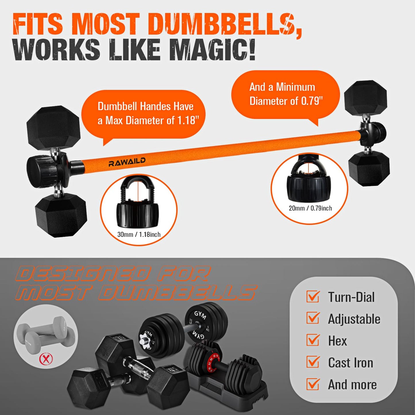 Rawaild Dumbbell Converter, Convert Dumbbells to Barbell Set, Weight Bar for Bench Presses, Squats, Hip Thrust, Deadlifts, Home Weightlifting and Strength Training, Versatile Home Gym Equipment