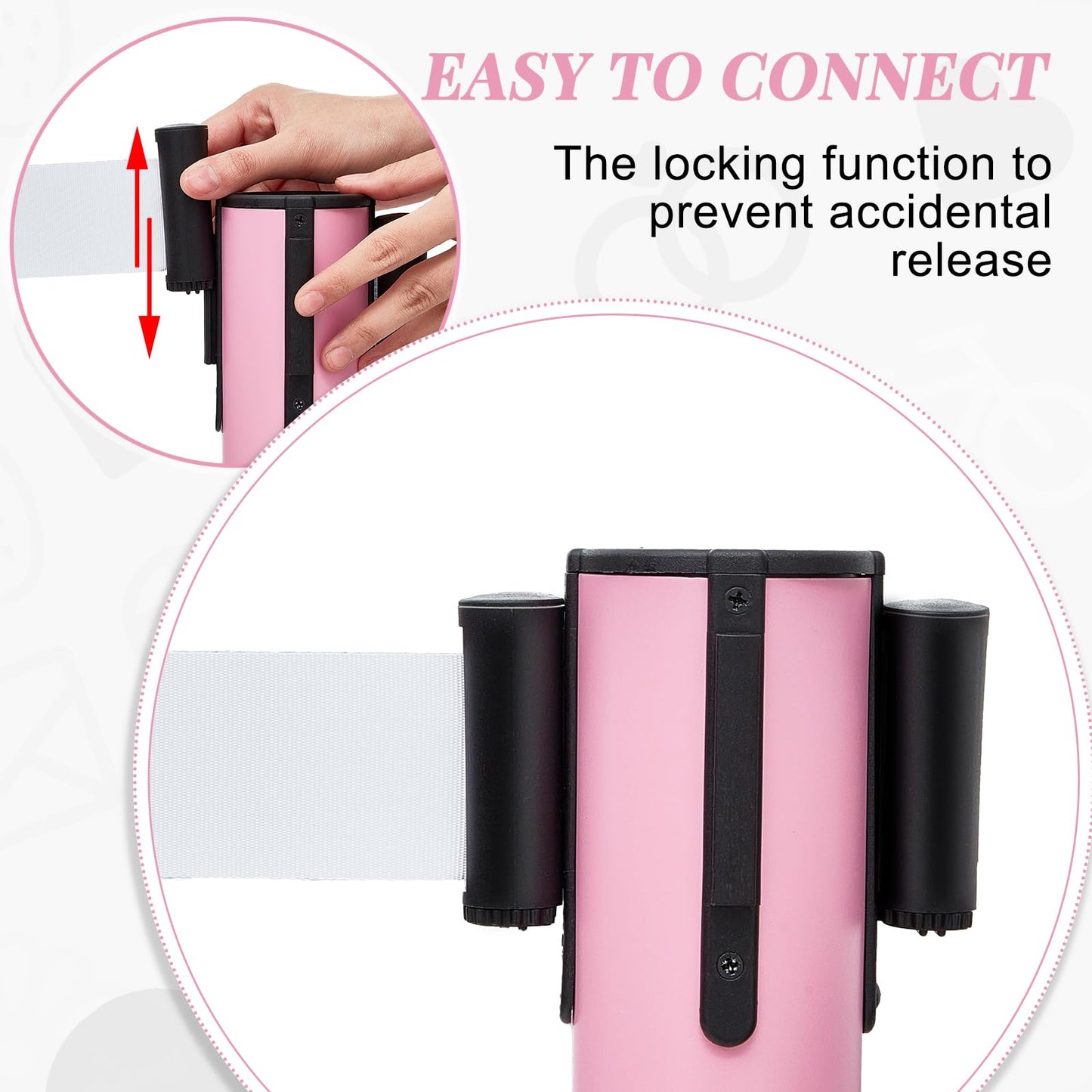 Therwen 6 Pack Heavy Duty Crowd Control Stanchions 9.8 ft Stainless Steel Stanchion Set with 6 Safety Barrier Post Retractable Belt and 1 Sign Holder Crowd Control Barrier(White Belt,Pink)