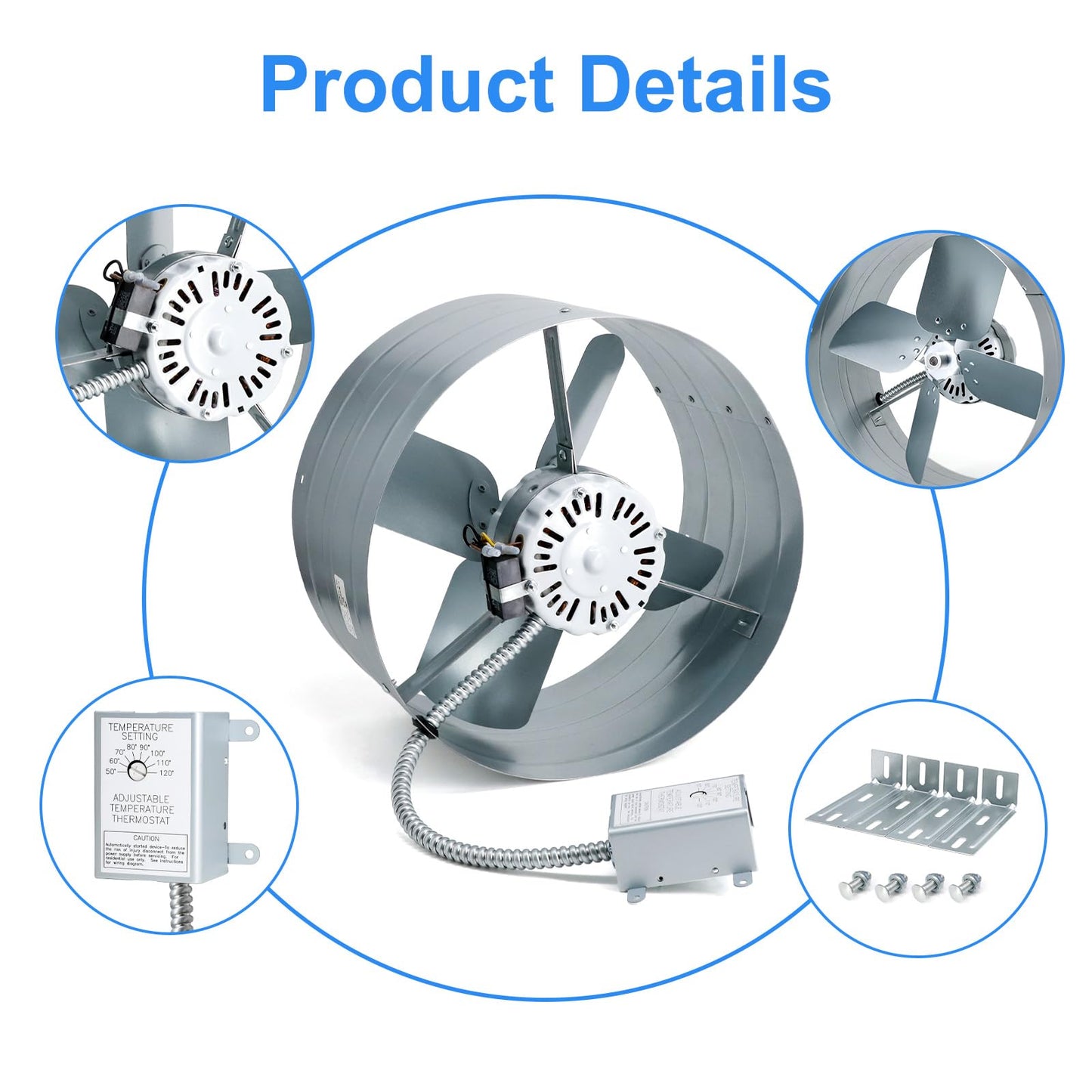 Aibabcue Gable Vent Attic Fan, 15" Exhaust Ventilation Fan with Adjustable Thermostat for Gable, Shed, Home, Garages, 1650 CFM, 1075 RPM, 2500 SQ. FT. Attic Ventilator (1650CFM)