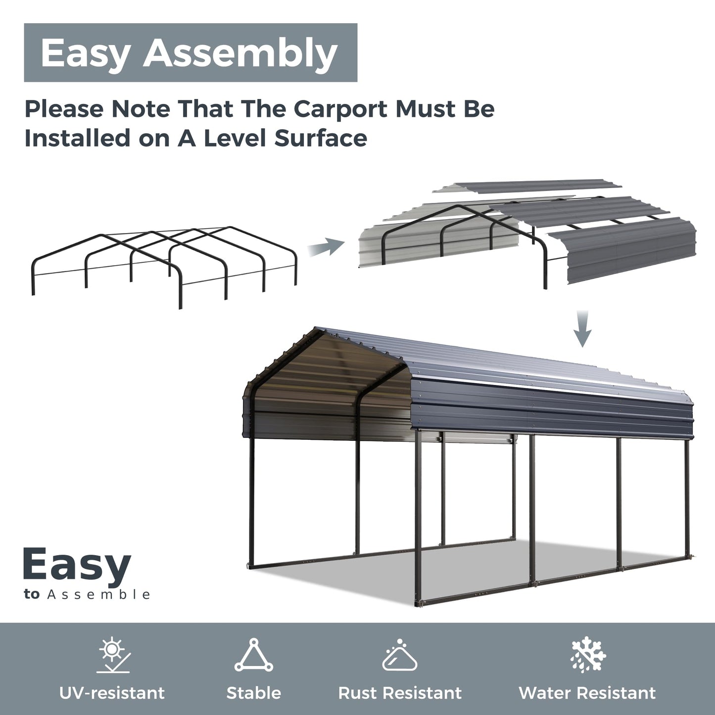 GREEN PARTY 10 x 15 ft Metal Carport Kits with Galvanized Steel Roof, Heavy Duty Metal Carport Canopy, Outdoor Car Tent Metal Garage Shelter for Car, SUV, Truck and Boats, Grey