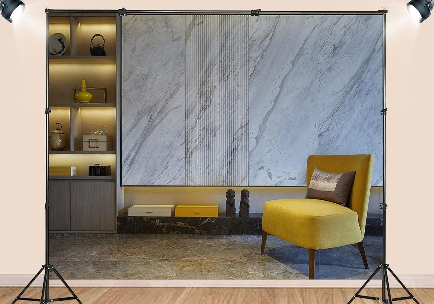 SHDASMIL 9X6ft Luxury Marble Wall Interior Backdrop Yellow Accent Chair Elegant Shelf Background Modern Asian Style
