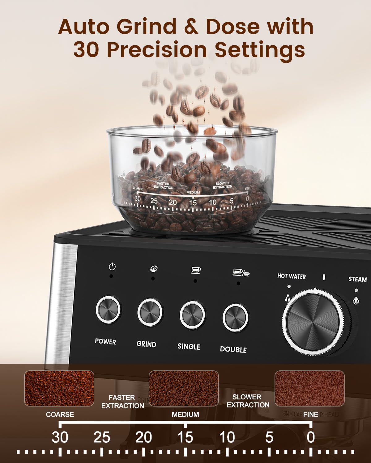 Electactic Espresso Machine with Grinder, 15 Bar Expresso Coffee Machines with Milk Frother Steam Wand, Professional Espresso Maker with Removable Water Tank, Cappuccino & Latte Machine for Home