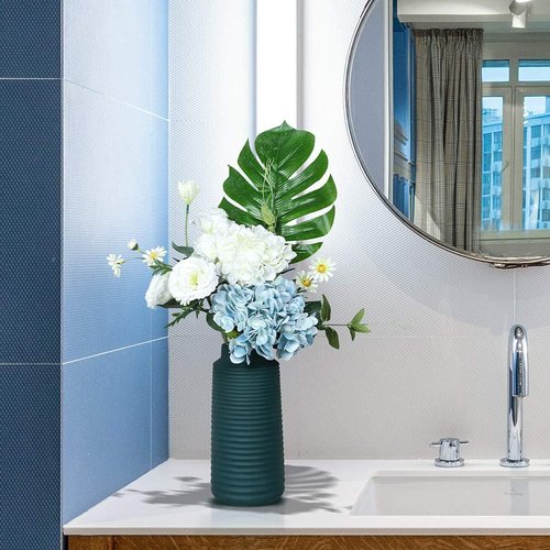 Kisflower Blue Hydrangea Artificial Flowers - 6 Pcs Faux Silk Hydrangeas for Home & Wedding Decor