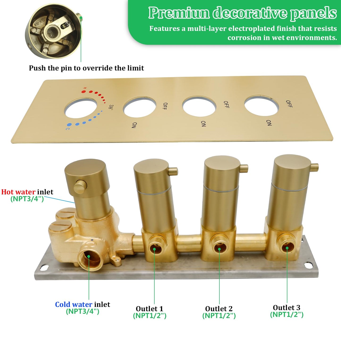 HOMEDEC 3 Function Shower Mixing Valve and Trim Kit, Brushed Gold 3 Ways Thermostatic Valve Flow Volume Control Vertical Shower Diverter Selector