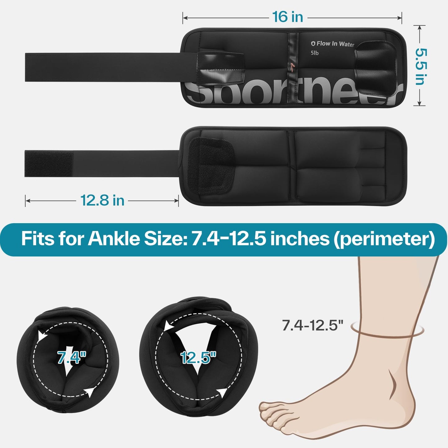 Sportneer Ankle Weights for Men Women Strength Training, 4/10 lbs Pair Leg Weights Set Comfortable and Soft Perfect for Dancing Running Walking Fitness Workout, 5lbs x 2, Black