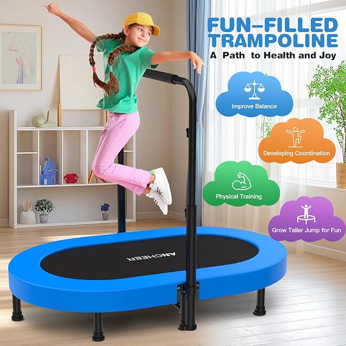 ANCHEER 56'' Foldable Mini Trampoline with Adjustable Handle - Indoor/Outdoor Rebounder for Kids & Toddlers Safe Oval Fitness Trampoline with Bar for Home Fun