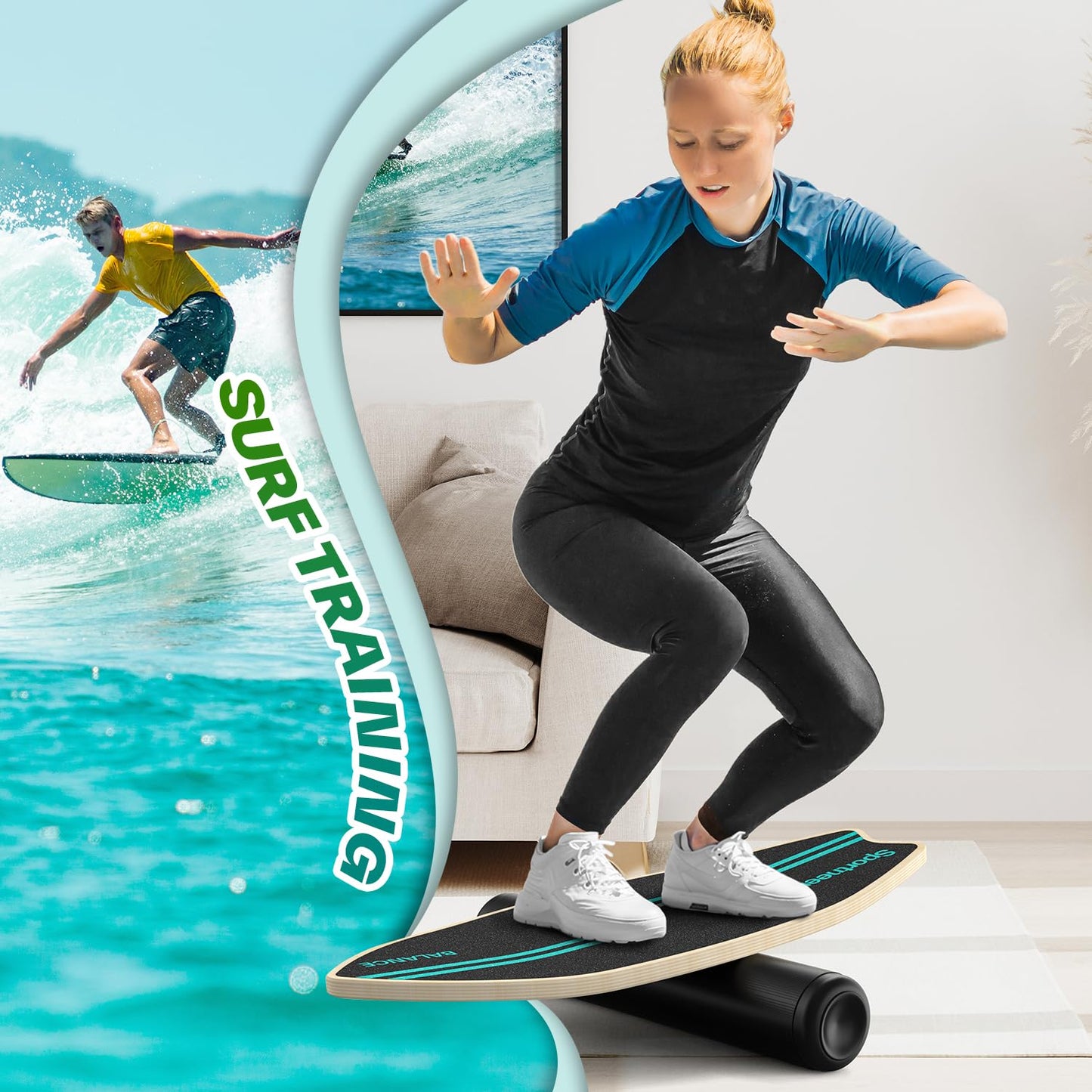 Sportneer Balance Board Upgrade – 8-in-1 Wooden Wobble Board with Roller, Rubber Ball & Half Ball, Balance Trainer for Adults, Core Strength & Physical Therapy Equipment 450 LBS