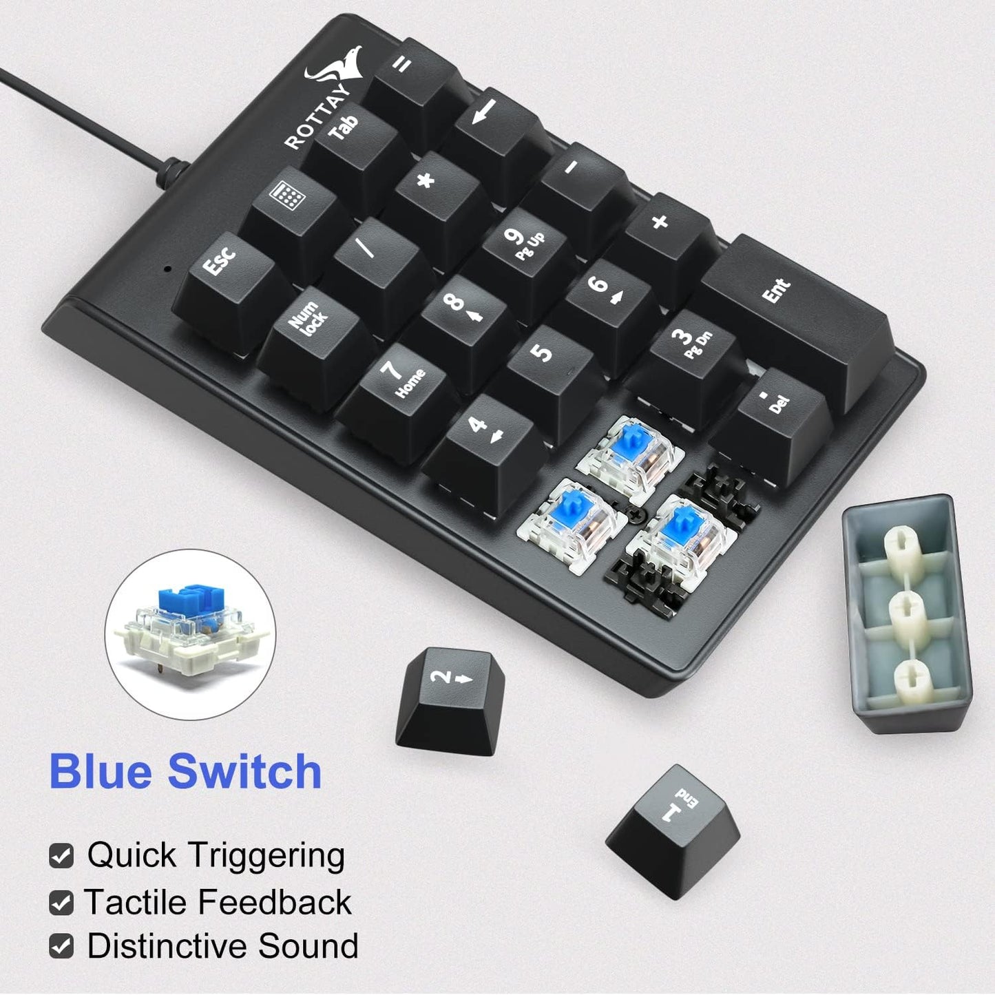 Rottay 22 Number Pad, Mechanical USB Wired Numeric Keypad with Blue LED Backlit Key Numpad for Laptop Desktop Computer