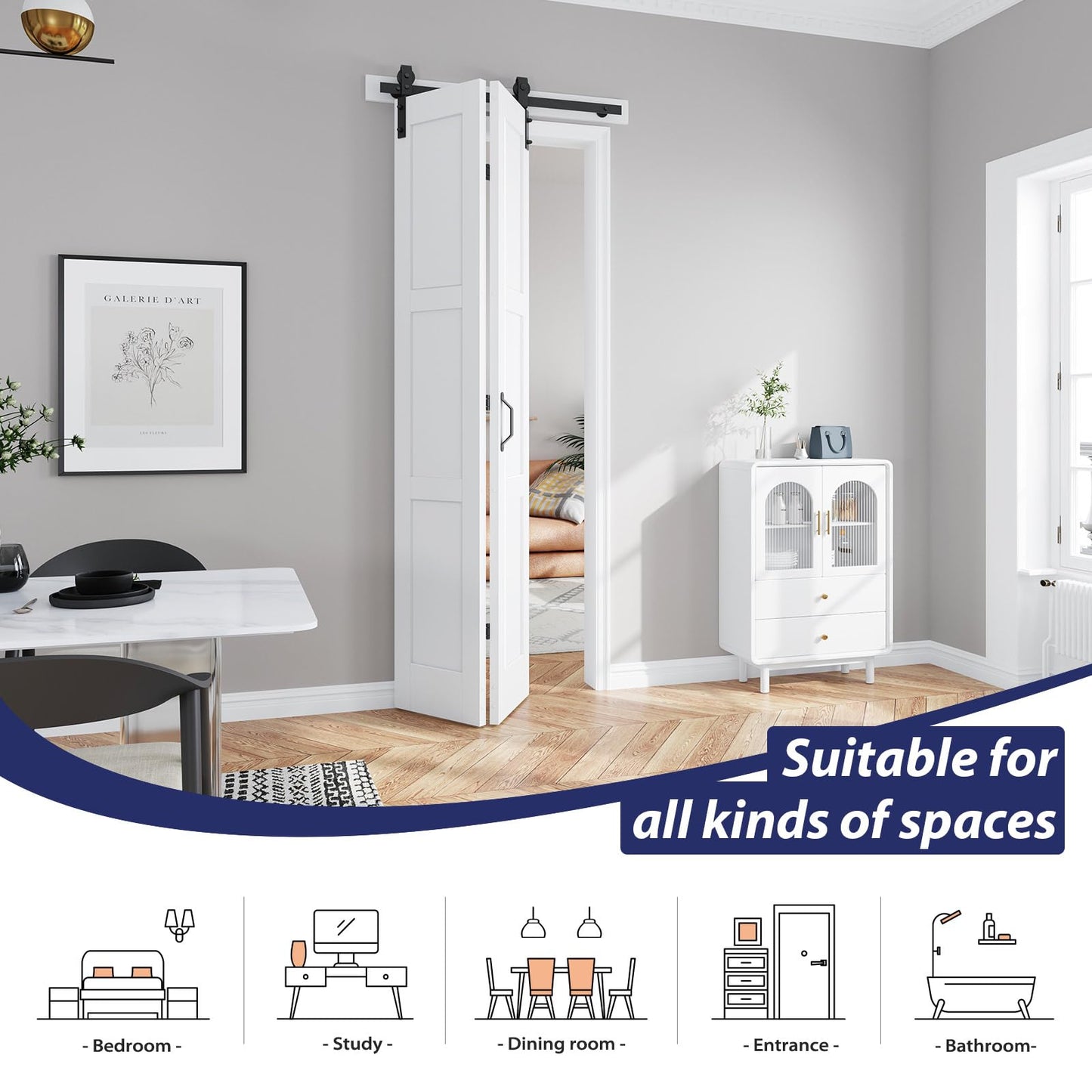 FREDBECK Bifold Barn Door 36x96 (Double 18x96) Bi-fold Closet Doors Hardware Kit Included,with 40" Track White
