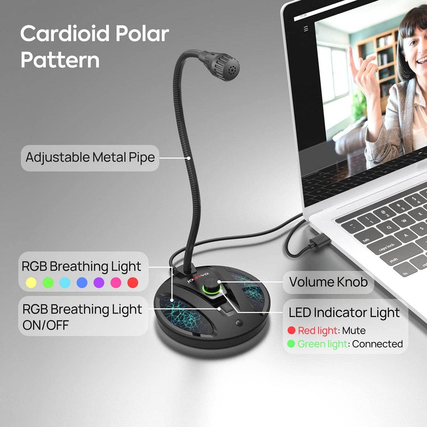 JOUNIVO PS4 (JV603PRO) USB Recording Microphone, Computer PC Podcast Condenser Cardioid Mic with Mute Button & LED