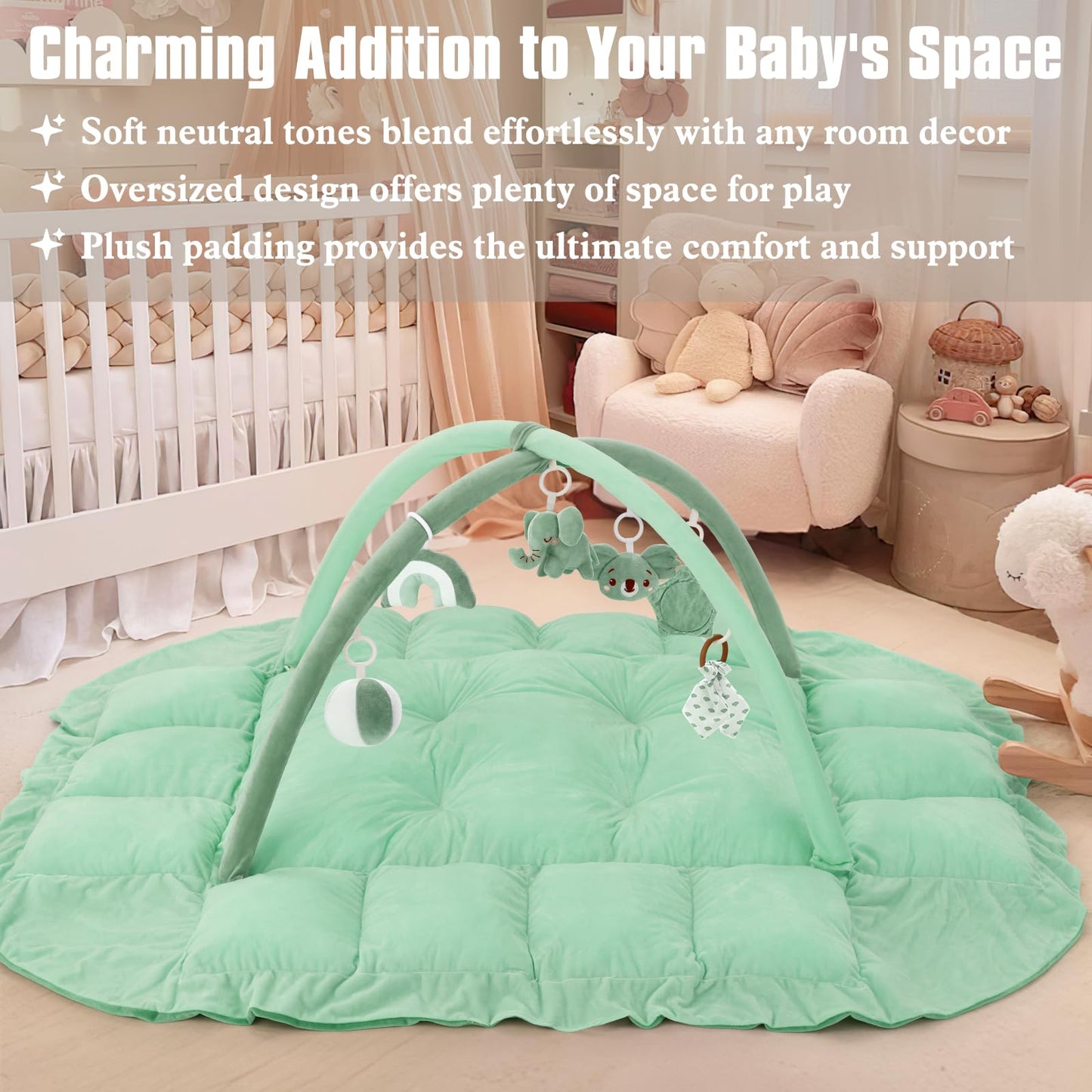 5-in-1 Plush Baby Play Gym, Baby Play Mats, Convertible Baby Gym, Tummy time mat, 6 Sensory Toys, Activity Center, Ball Pit, Sage Green