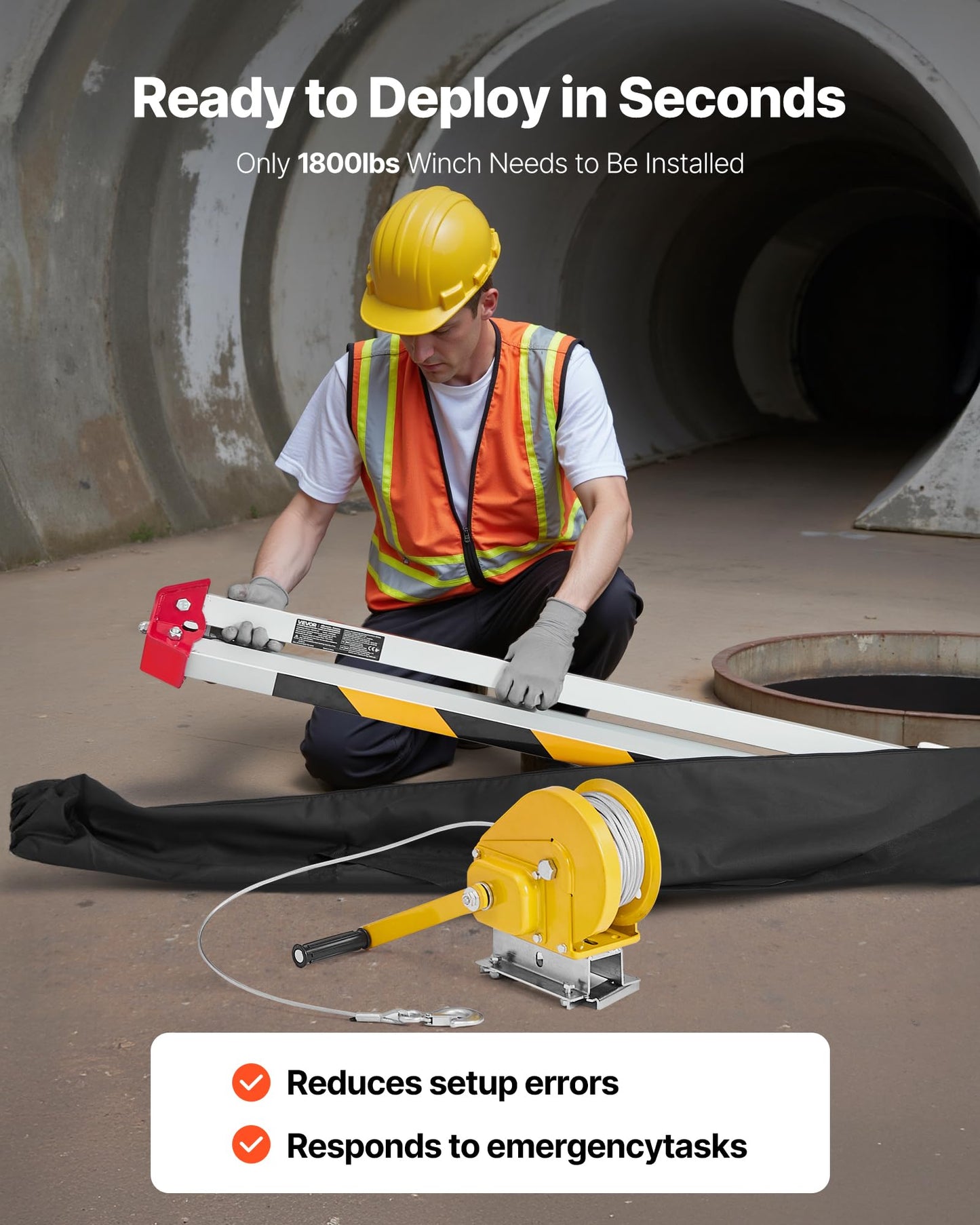 VEVOR Confined Space Tripod Kit, Heavy Duty Rescue Tripod Lifting Hoist 1800 lbs Winch, 4.1 ft Adjustable Legs, 65 ft Cable Portable Kit, 32.8 ft Fall Protection, 4.40-7.05 ft Working Height