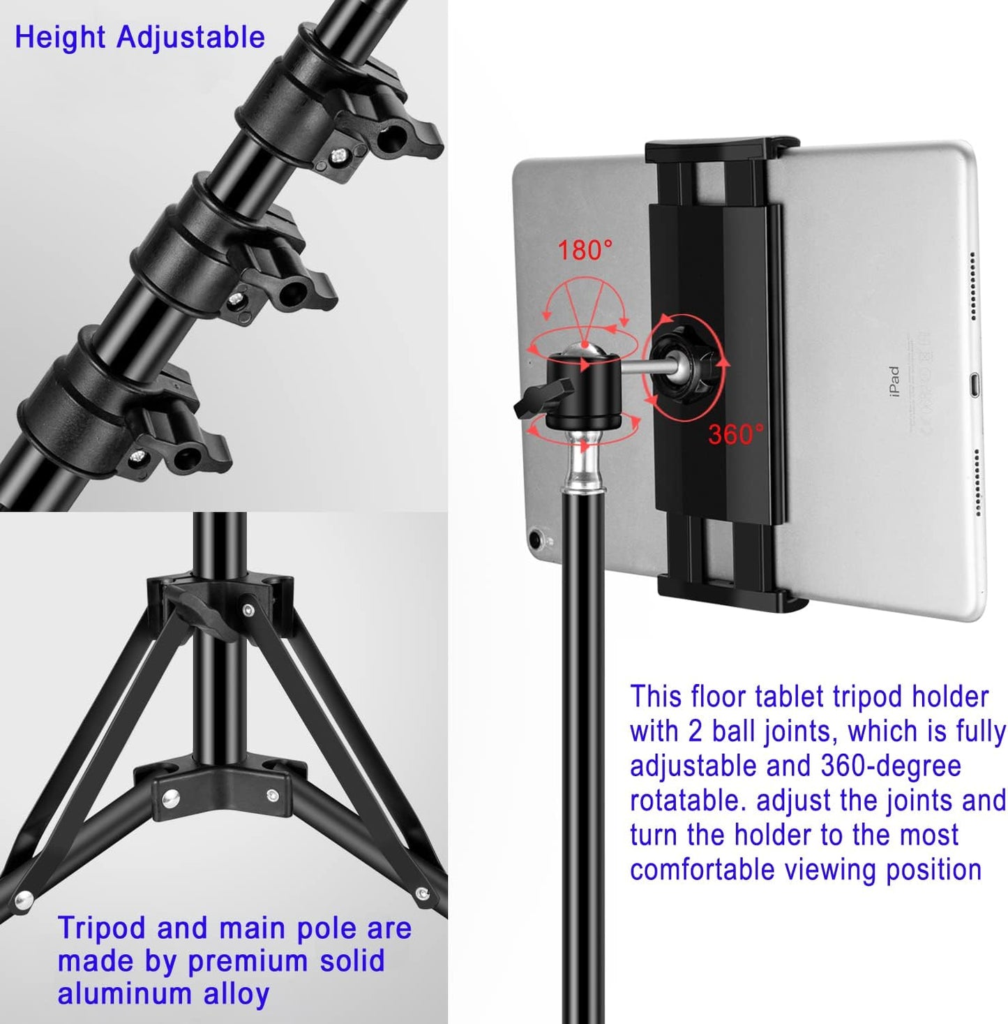 SAMHOUSING 65 inch 360 4.5-12.9 Inch Ipad Tripod Stand, with Height Adjustable iPad Stand Holder & iPad Floor Stand