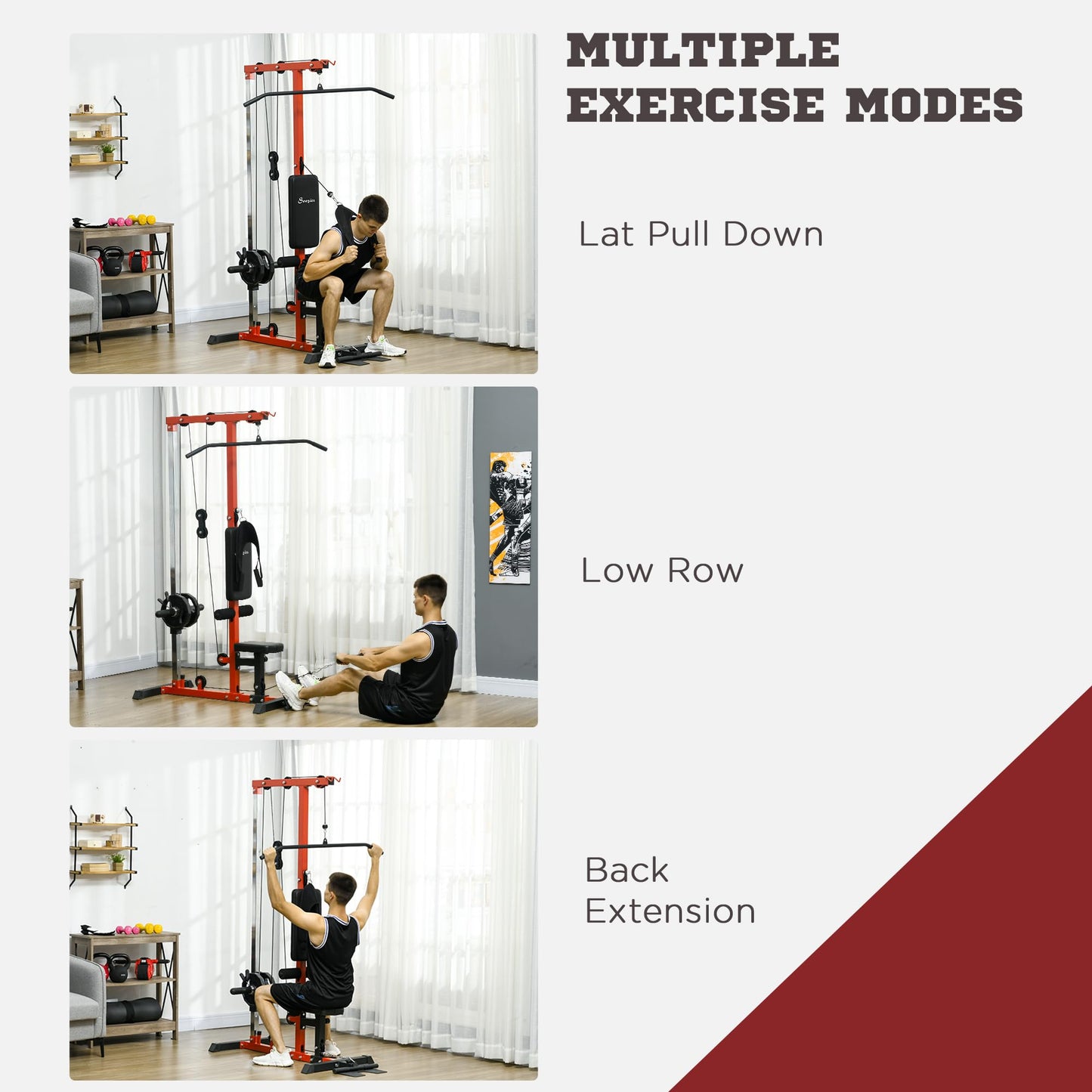 Soozier Cable Machine, LAT Machine with High and Low Pulley Stations, Cable Row Machine with Adjustable Seat and Flip-Up Footplate, for Home Gym, Black and Red
