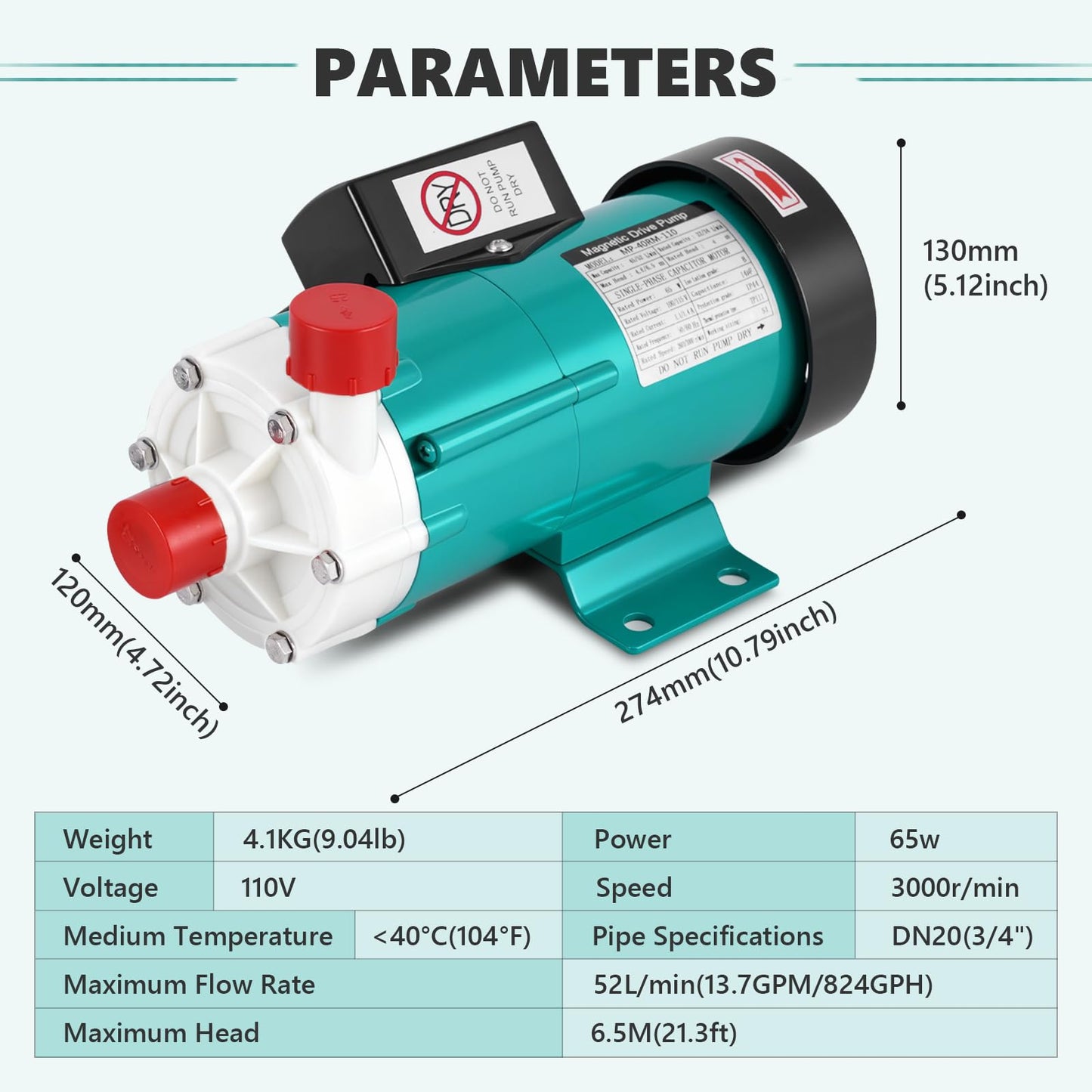 MXBAOHENG 824GPH Magnetic Drive Pump, 110V Circulating Water Pump, 65w Liquid Delivery Pump for Chemical Industry, Pharmaceutical Industry, and Electroplating Industry