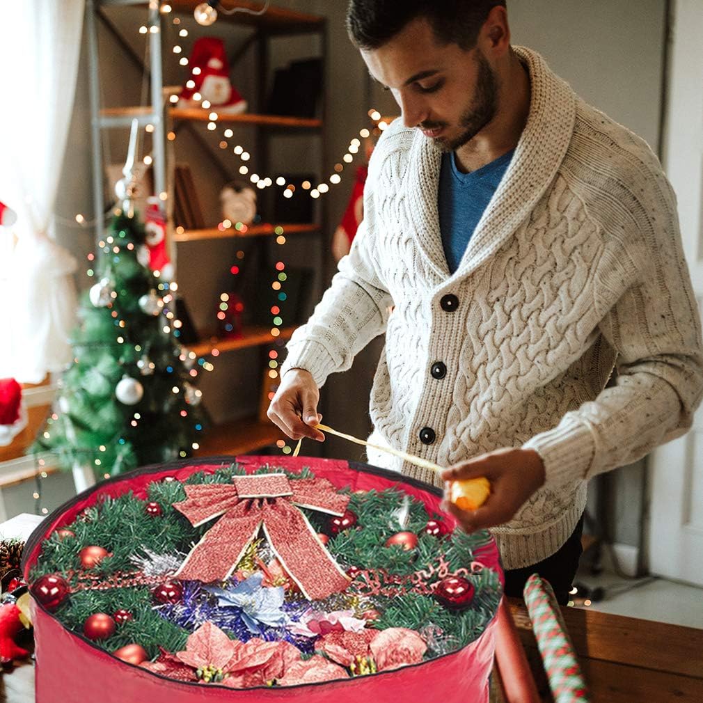 Propik Christmas Wreath Storage Bag - Tear Resistant Holiday Container with Clear Window | 30" X 30" X 8" (Red)